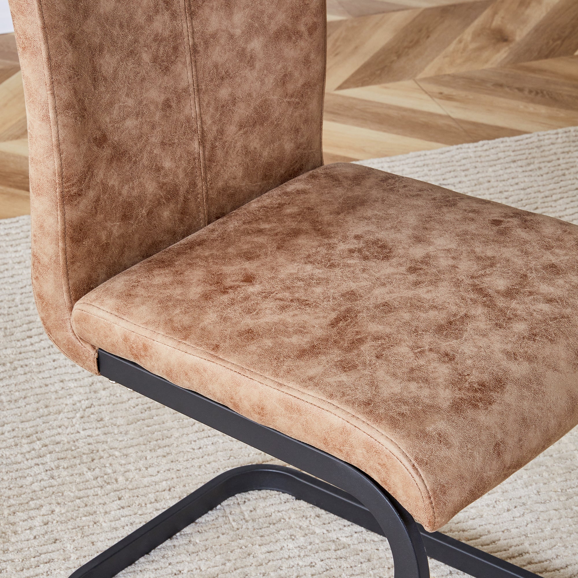 Modern Dining Chairs, Technology cloth High Back Upholstered Side Chair with C-shaped Tube Black Metal Legs for Dining Room Kitchen Vanity  Club Guest Office chair (Set of 4)Brown 1162