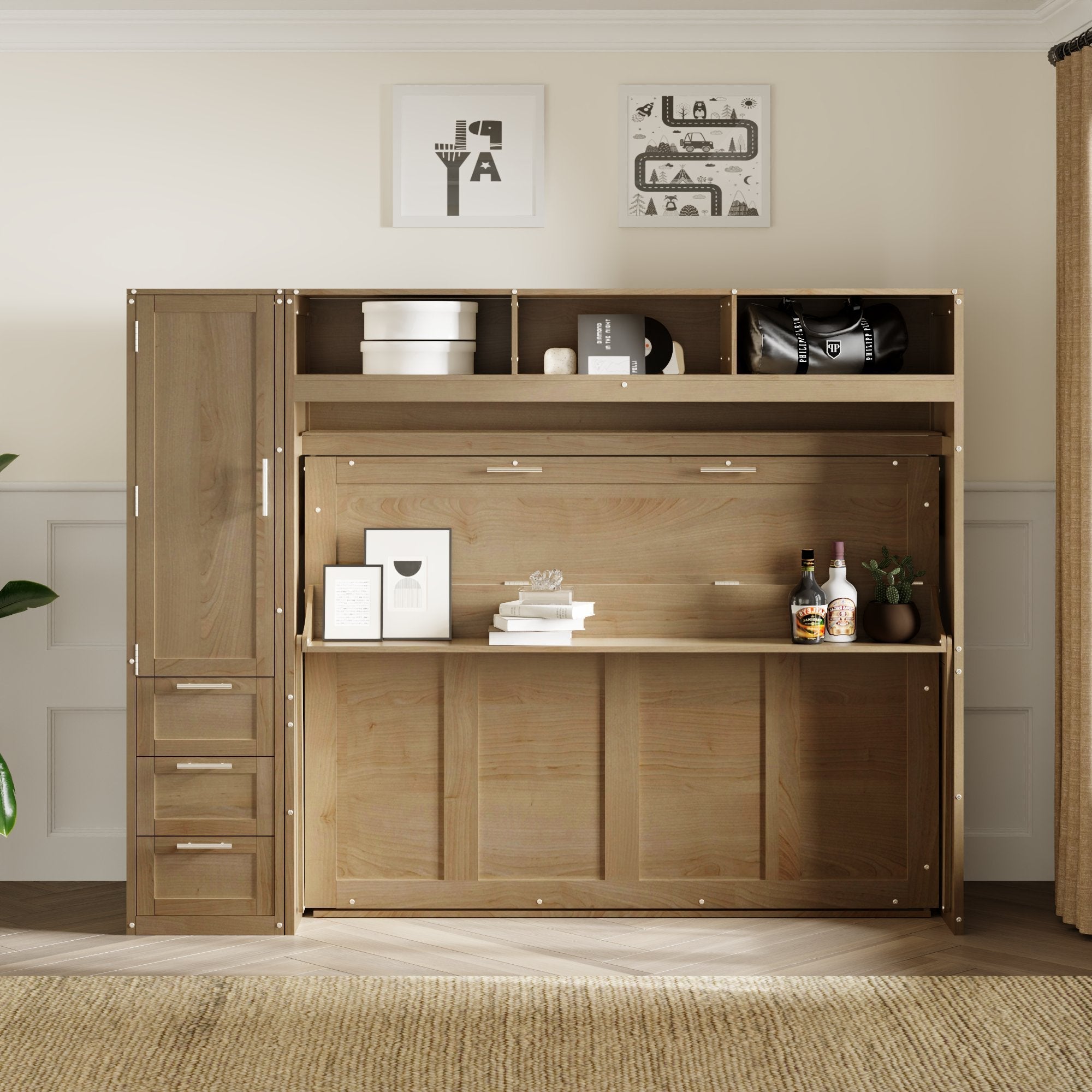 Full Size Murphy Bed with Wardrobe, Drawers and Open Shelves, Antique Wood