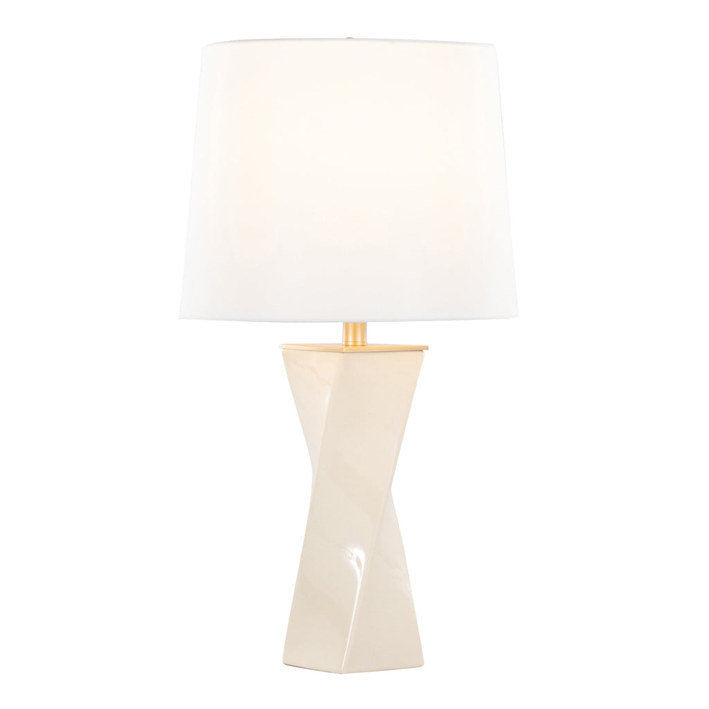 Curvo Square Contemporary 27' Ceramic Table Lamp in Cream Ceramic, Gold Metal, and White Linen by LumiSource
