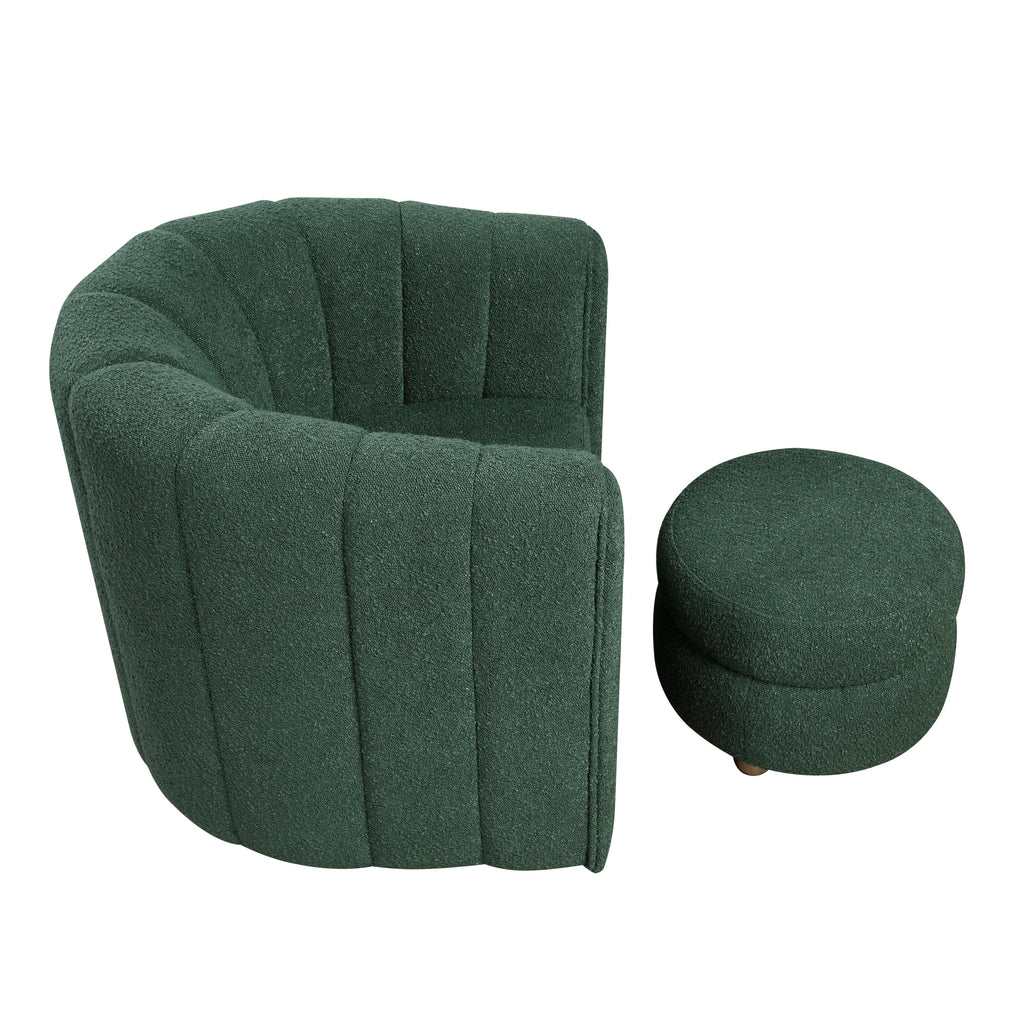 Modern Contemporary Swivel Chair with Ottoman Green Boucle Fabric Upholstery Solid Wood Living Room Furniture