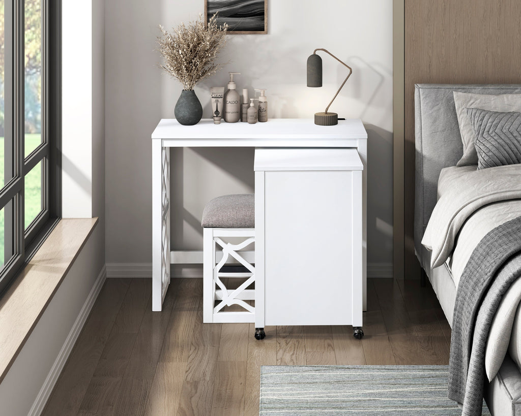 Desks and Stool Set 3pc White Finish Rolling Desk with Casters, 2 Charging ports Home Office Furniture