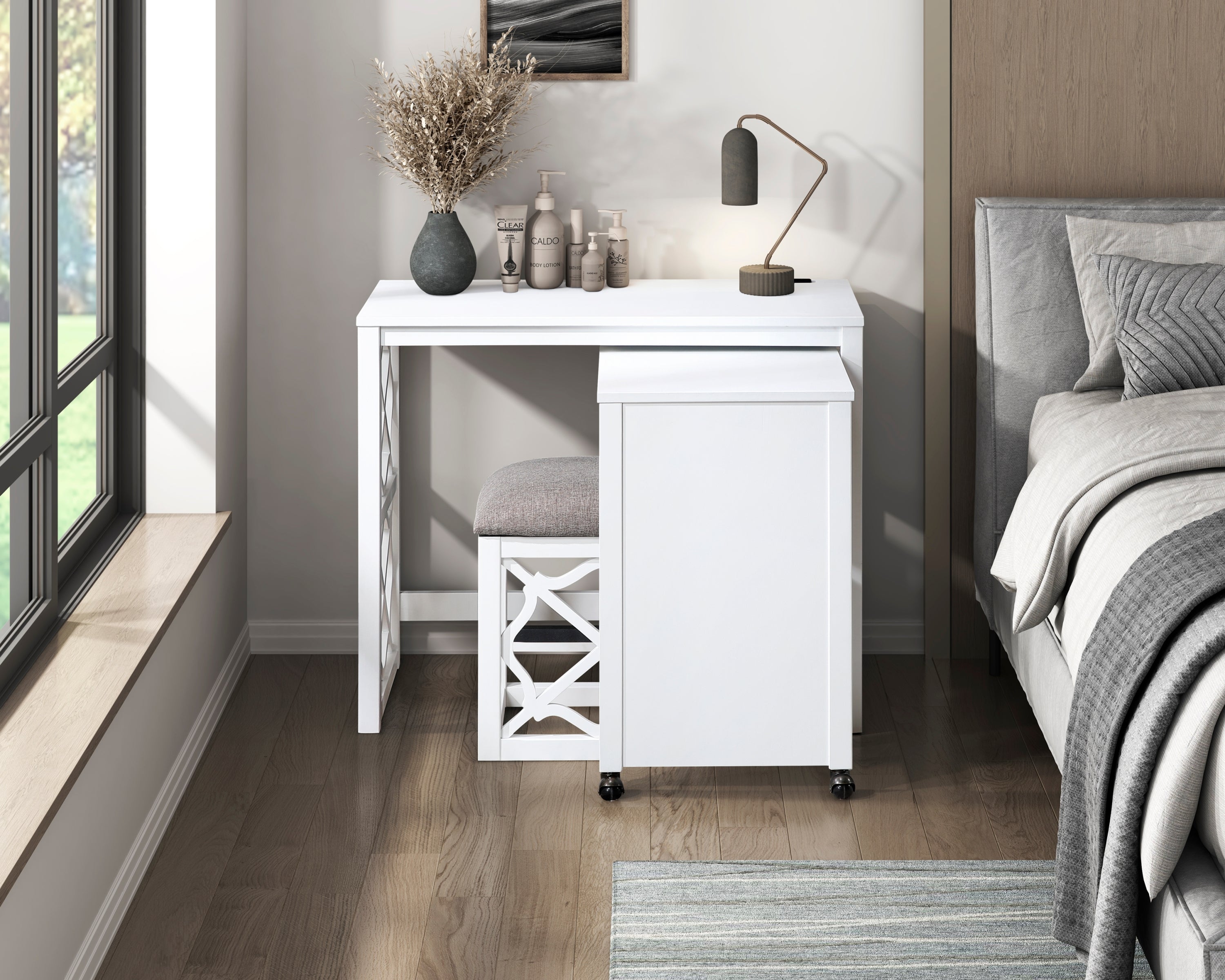 Desks and Stool Set 3pc White Finish Rolling Desk with Casters, 2 Charging ports Home Office Furniture