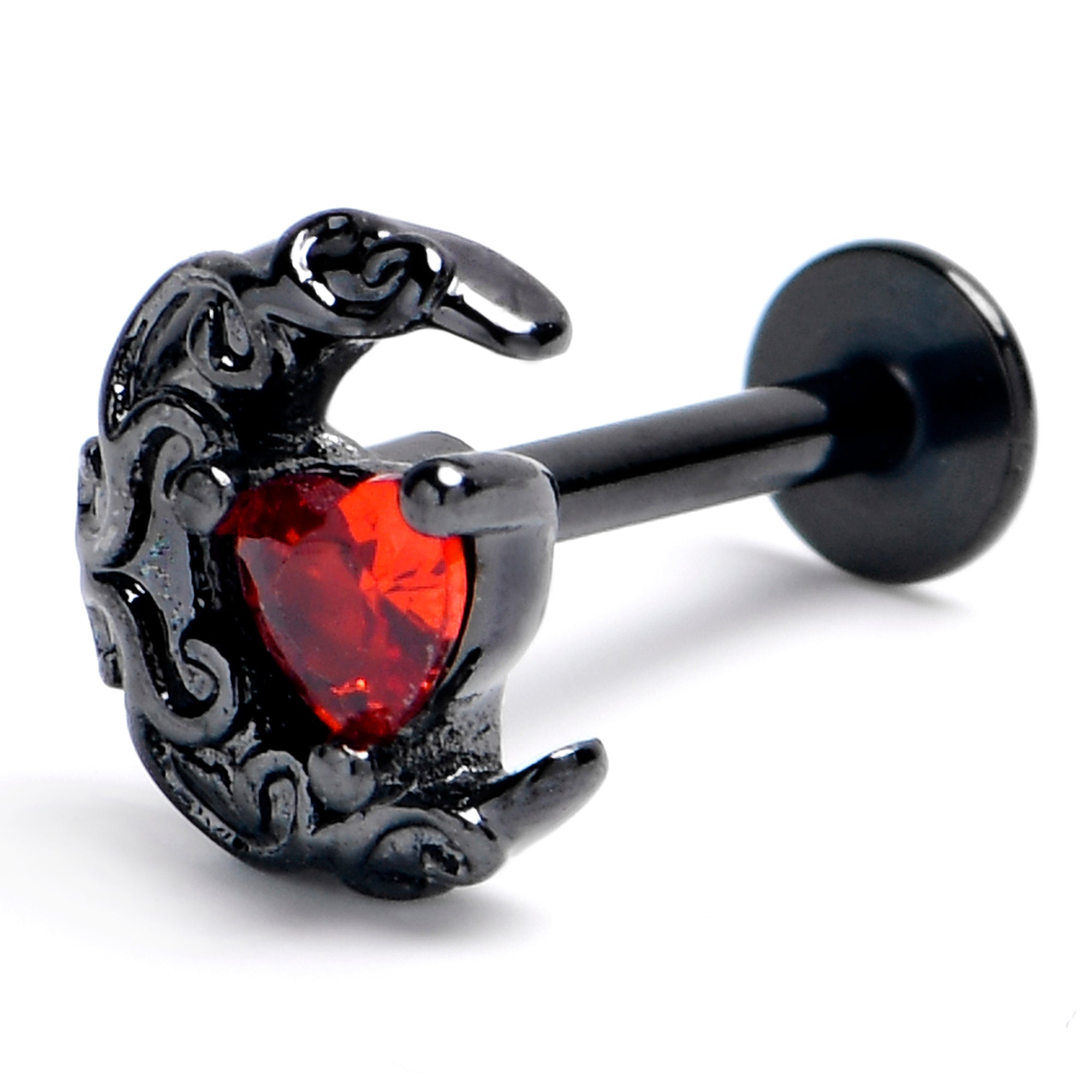 16G 1/4 Red CZ Gem Black Scroll Moon Heart Labret Monroe Tragus