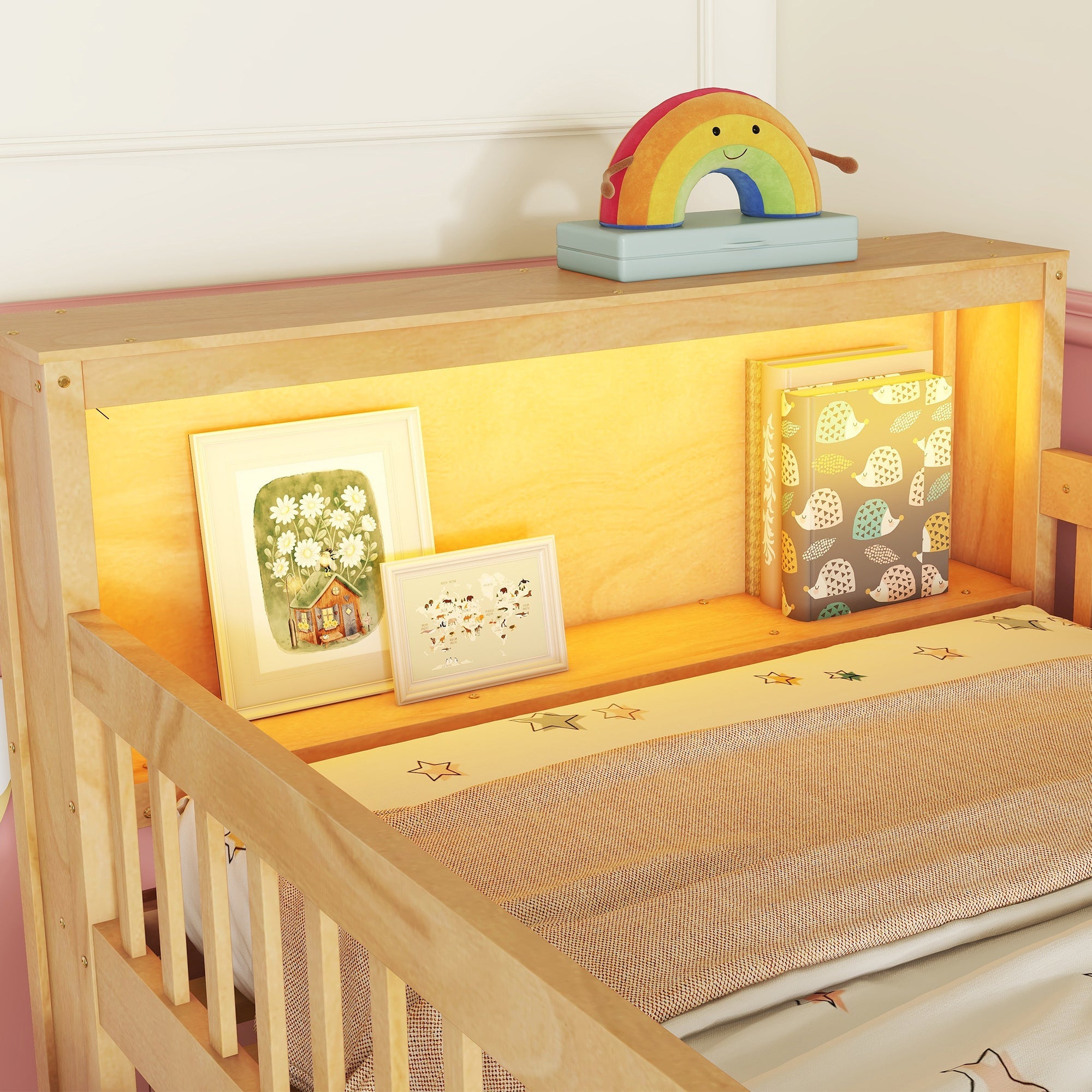 Twin Size Loft Bed with LED and Bookshelf, Wood Low Loft Bed with Stairs, Kids Twin Loft Bed with Storage Drawers and Shelves, Natural (Expect Arrival Date 2025/1/20)