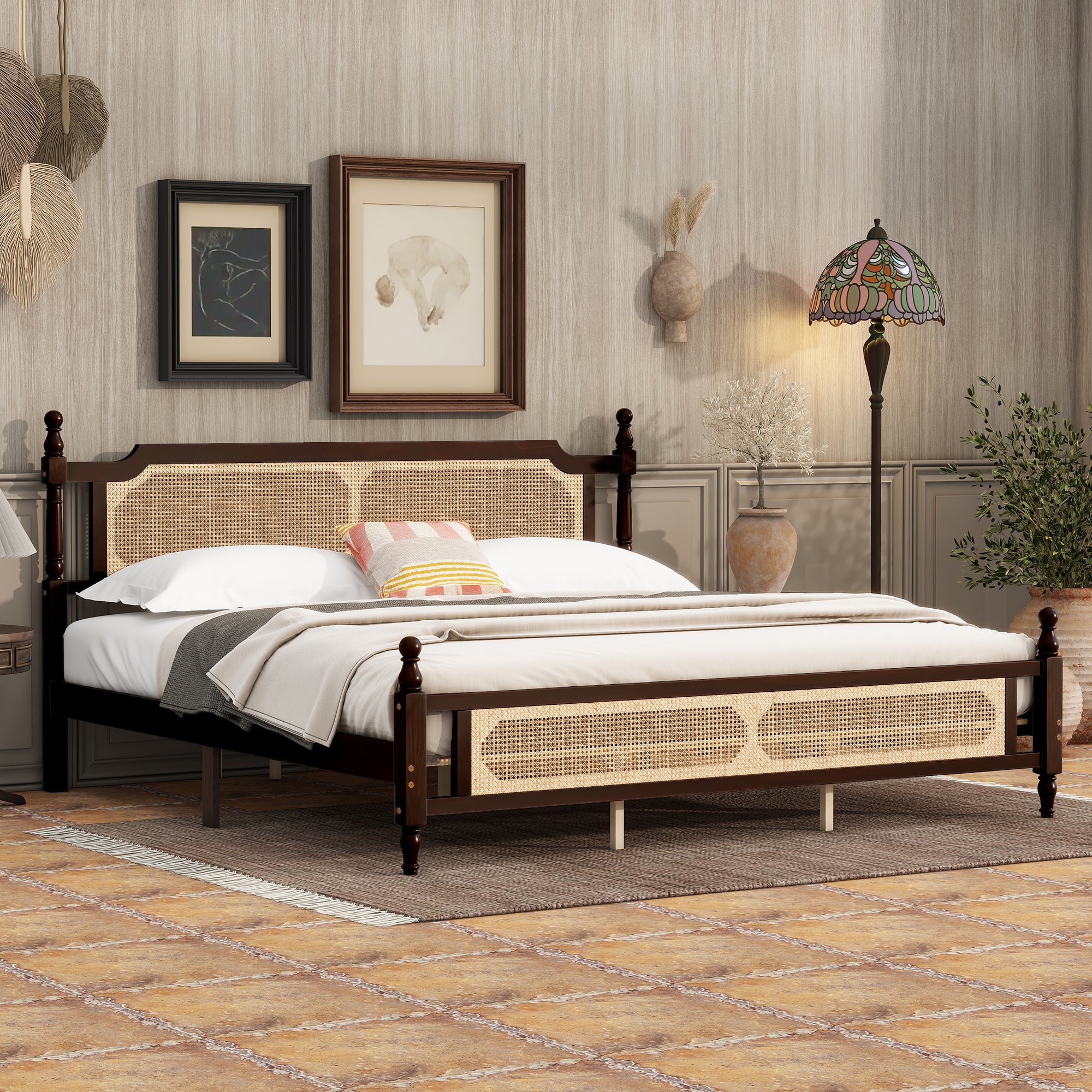 King Pine wooden Bed with Rattan Headboard  and Footboard, with  Central Enhanced Bed Platform ,Espresso