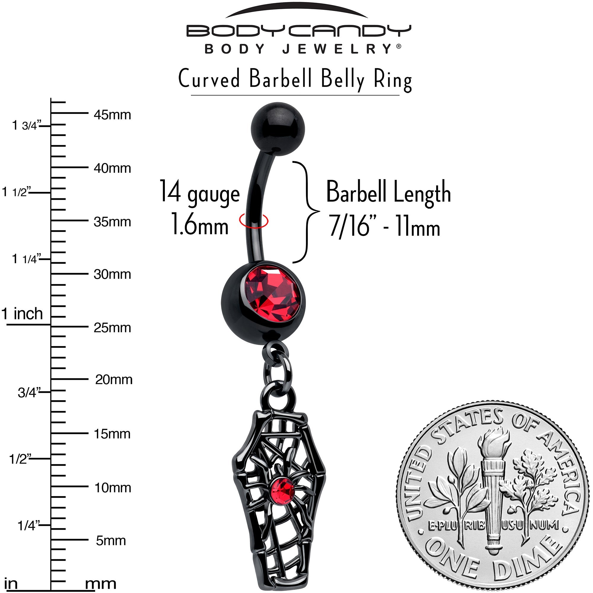 Red Gem Black Spider Coffin Dangle Belly Ring