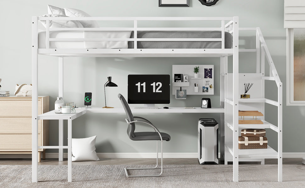 Queen Size Loft Bed with L-shaped Desk and USB, Metal Loft Bed with Wardrobe and Adjustable Shelf, High Loft Bed with LED for Kids Teens Adults, White