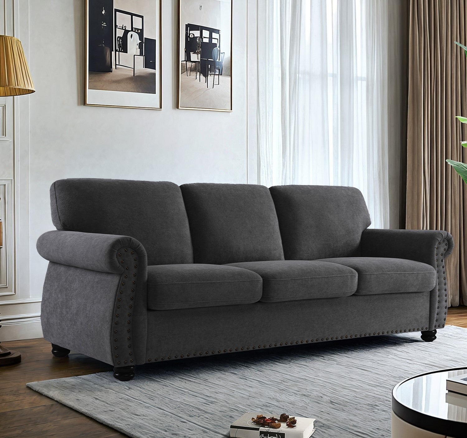 Soft Velvet Sofa, Upholstered 3 Seater Couch with High-Density Foam, Loose Back Cushions and Solid Wood Turned Legs, Chic Living Room Furniture for Home, Apartment and Office, Black