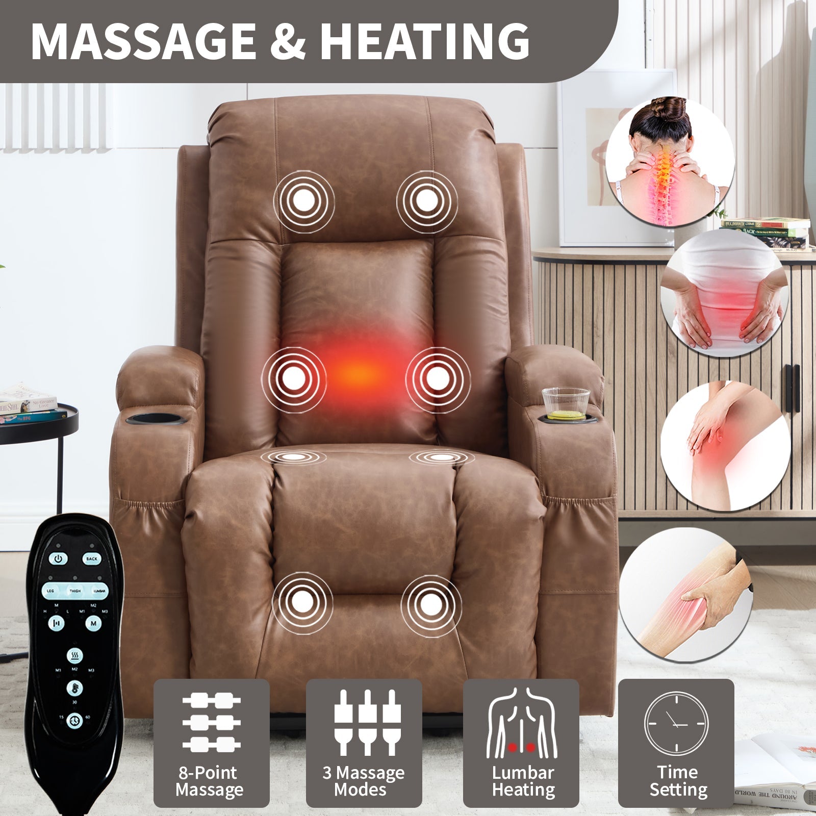 Brown PU Infinite Position Up to 350 LBS Power Lift Recliner Chair for Elderly, Heavy Duty Motion Mechanism with 8-Point Vibration Massage and Lumbar Heating, USB Charging Port, Cup Holders