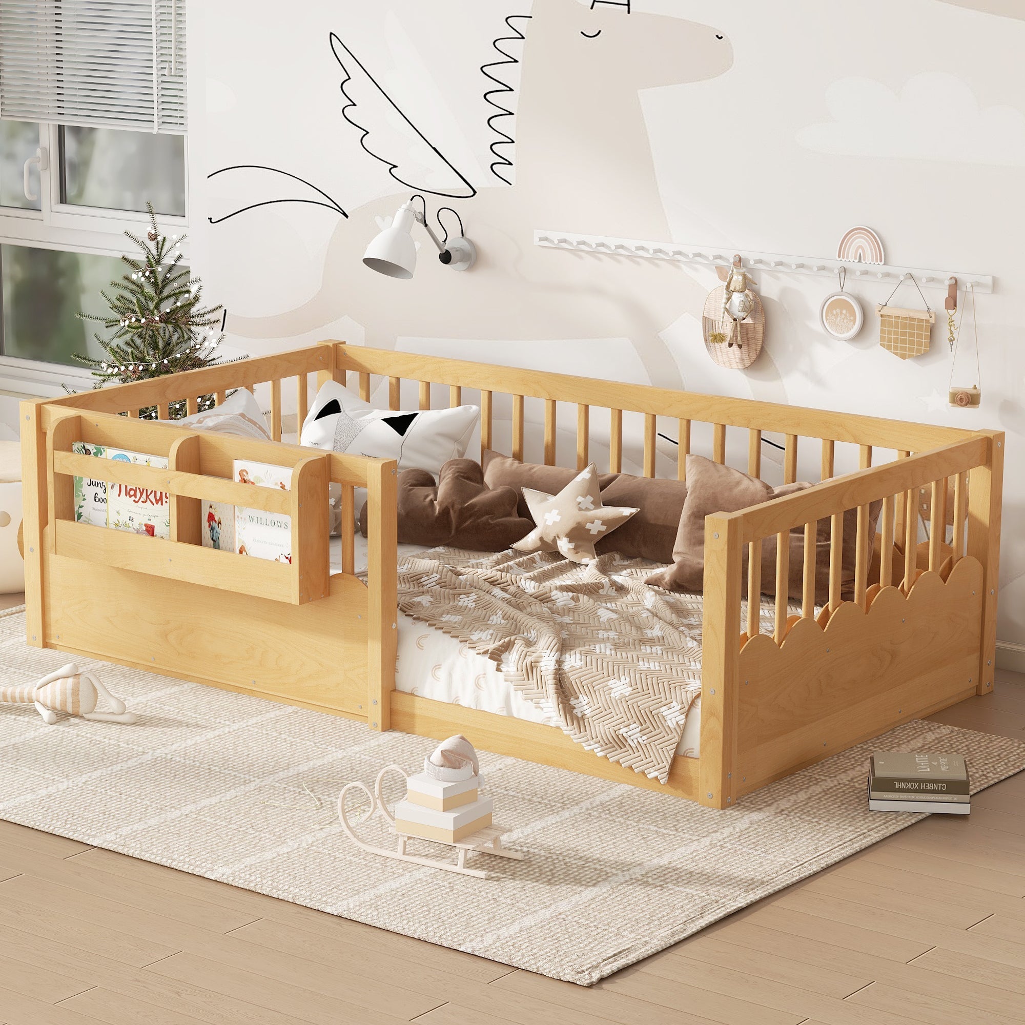 Twin Floor bed with Heightened Fence and bookshelf ,Wood Floor Bed for Kids, Natural.
