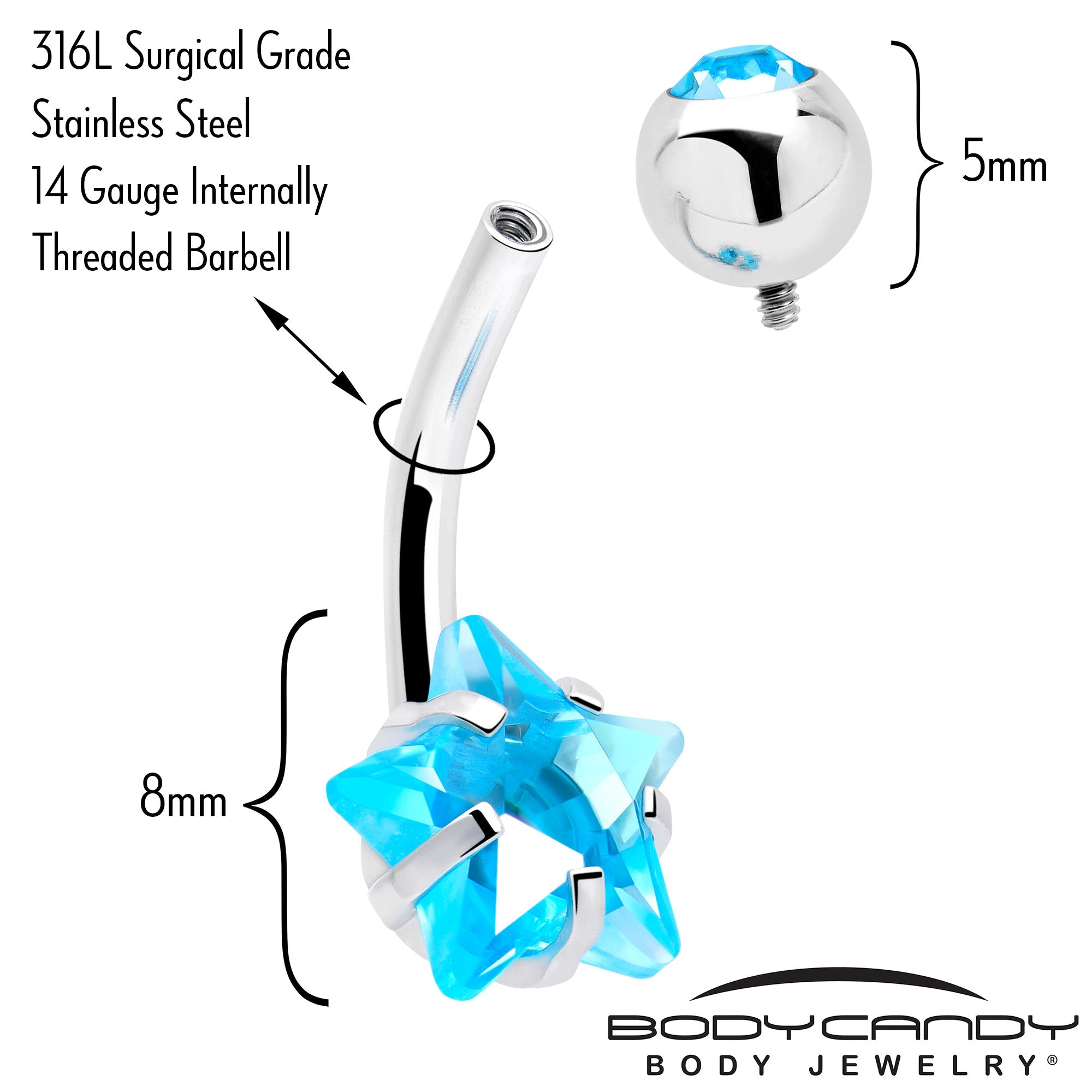 Blue CZ Gem Internally Threaded Simply Star Belly Ring