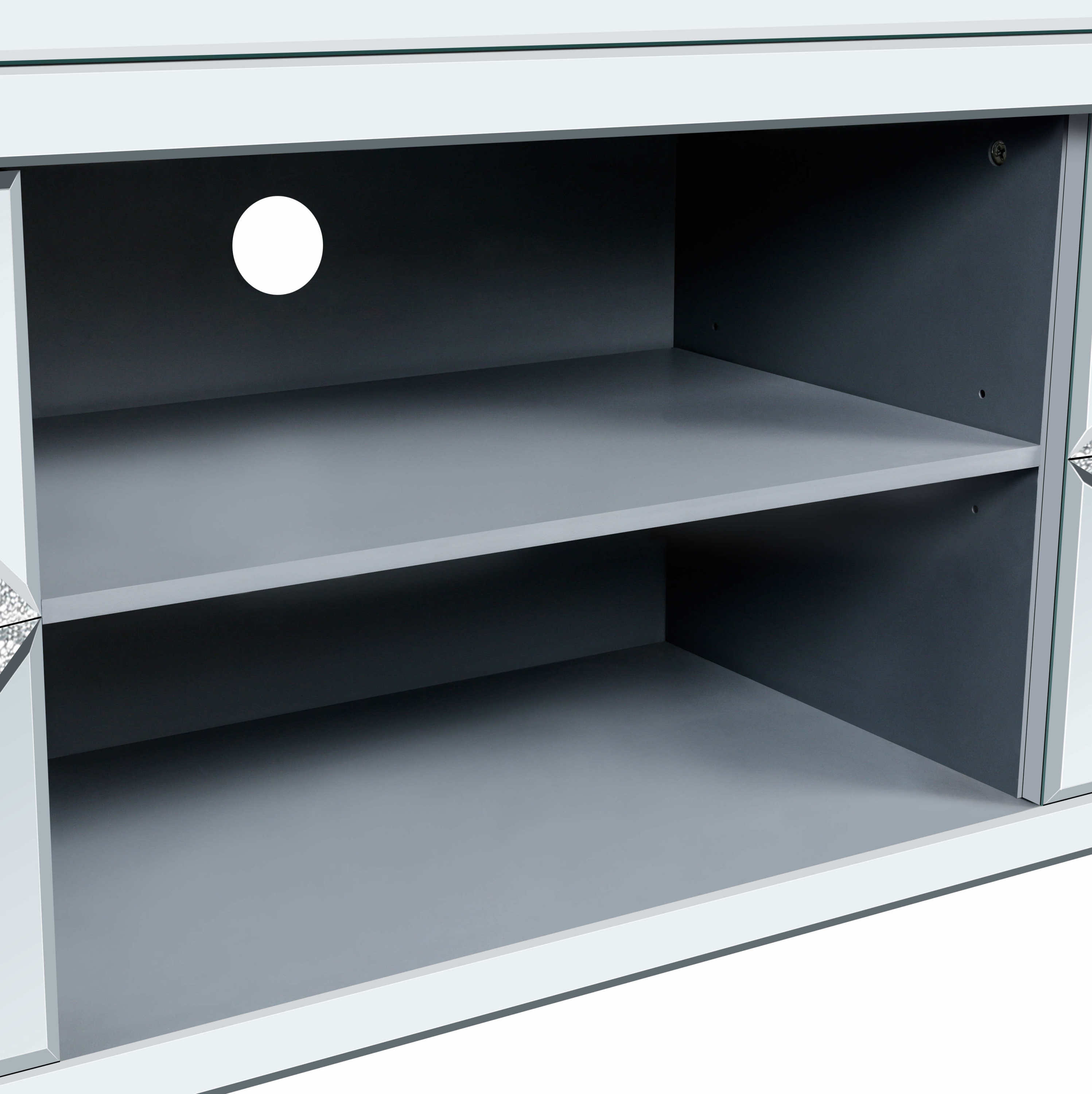 Mirrored TV Stand for 65+ inch TV,Sliver TV Console Table with Open Storage & 2 Storage Cabinets ,Diamond Shape Sparkling Mirror Doors for Living Room(59''W x 25.2''H x 15.7D)