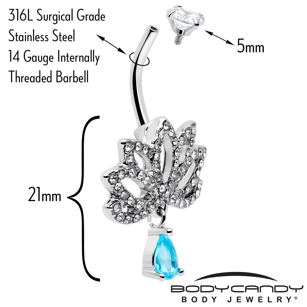 Clear Blue CZ Gem Fashion Flower Lotus Flower Dangle Belly Ring