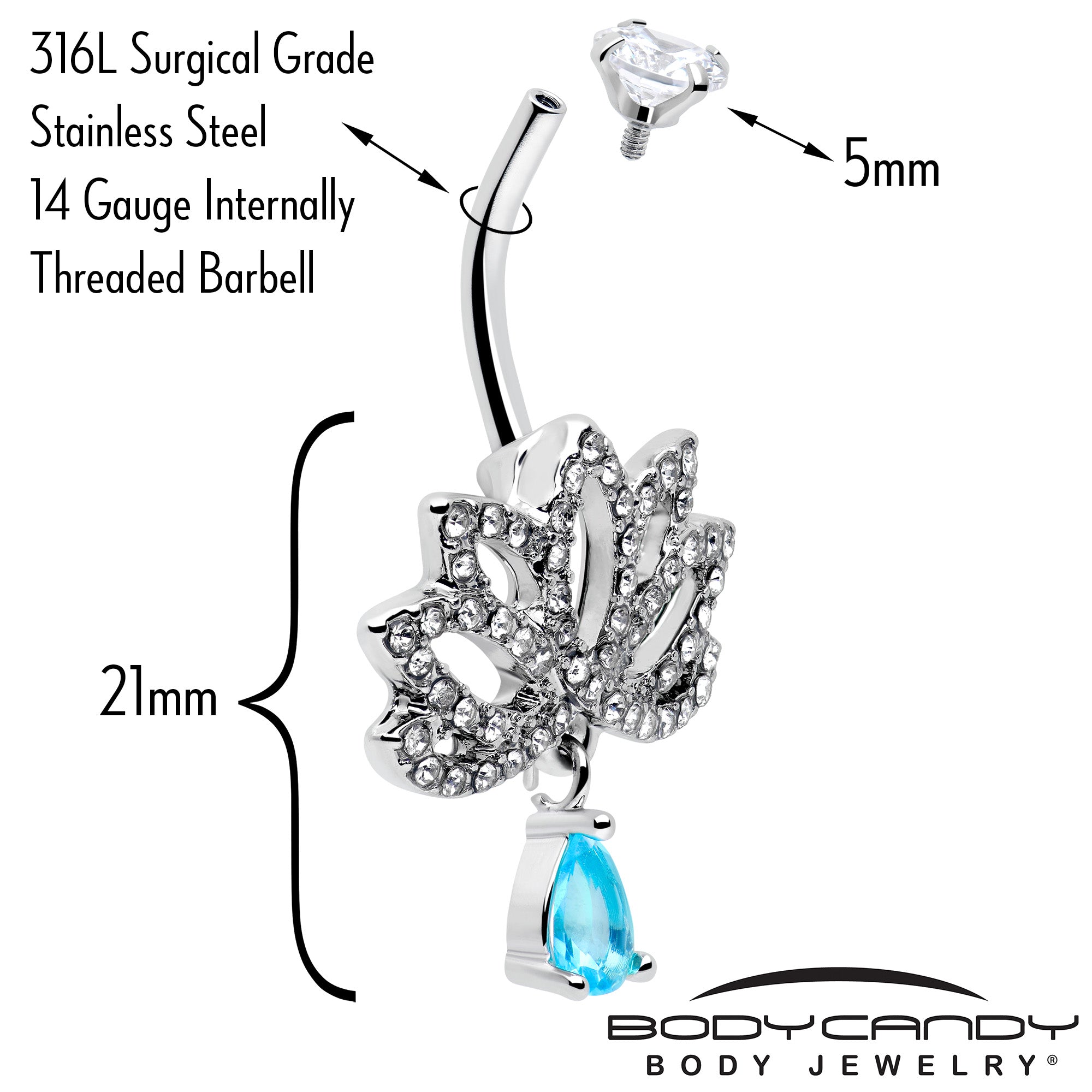 Clear Blue CZ Gem Fashion Flower Lotus Flower Dangle Belly Ring
