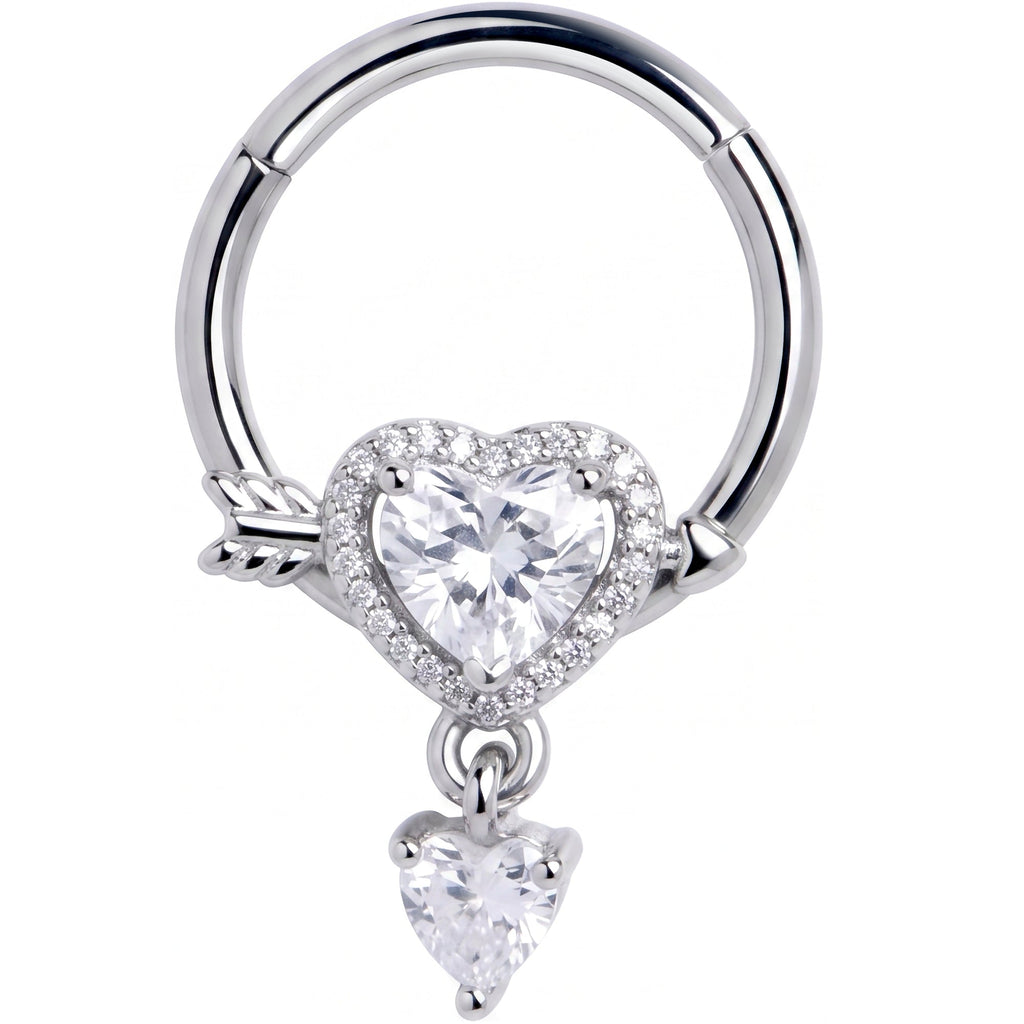 16G 3/8 Clear Gem Fusion of Love Arrow Heart Hinged Segment Ring