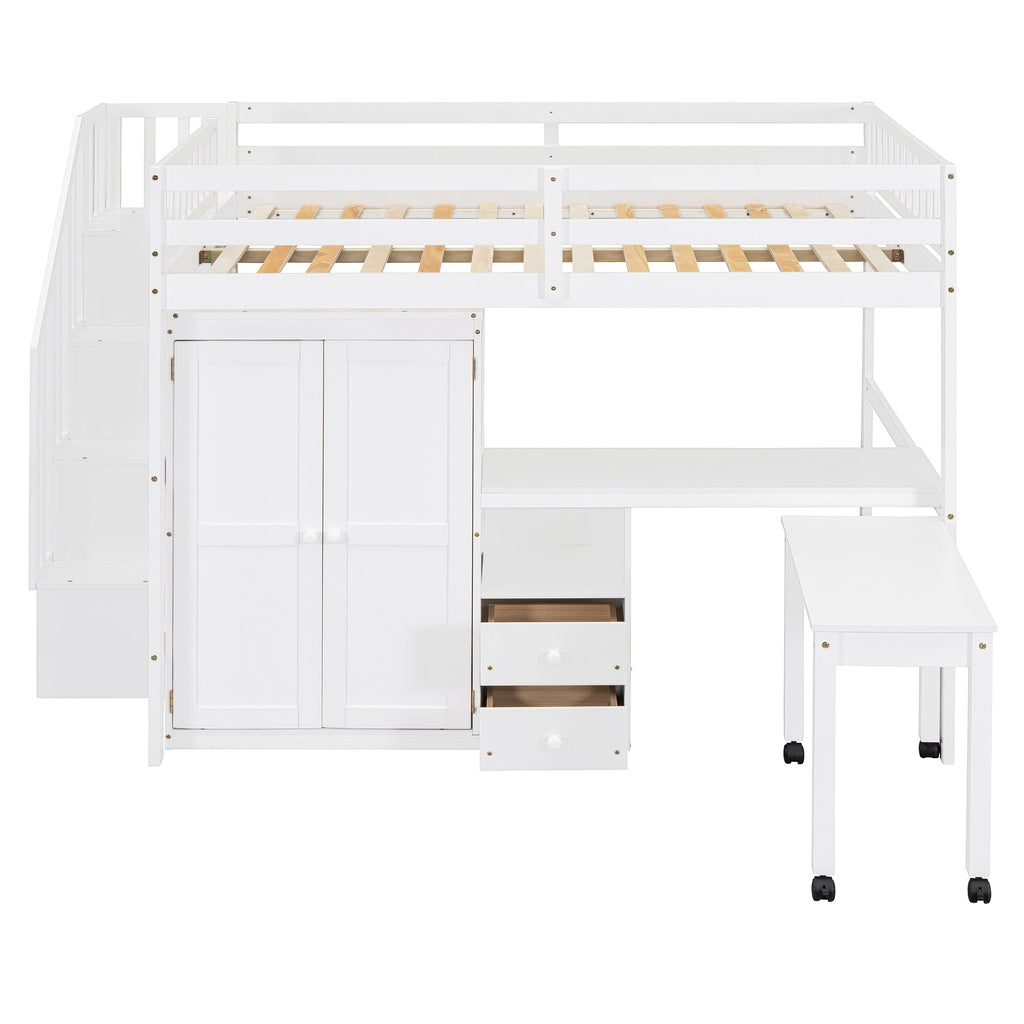 Full Size Loft Bed with Stairs, Bookshelf, Drawers, Desk & Wardrobe – Space-Saving Multifunctional Furniture for Kids & Teens-White