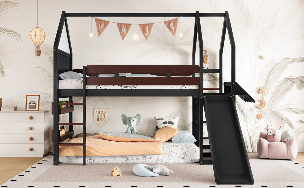 Twin Size Loft Bed with Bookshelf Playful Design for Kids House-Shaped Structure with Slide High-Quality Safety Rails,Beige/Natural /Black