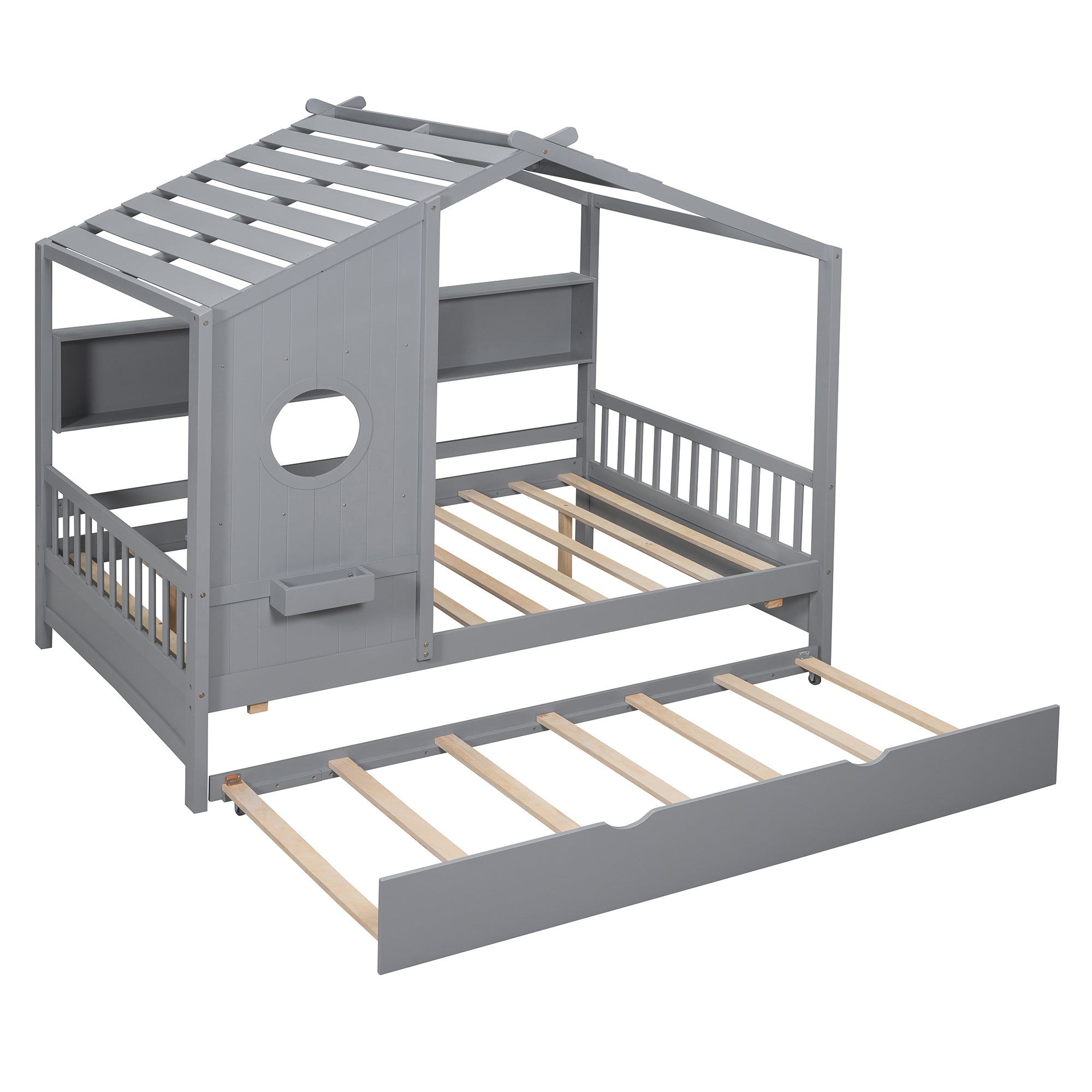 Wooden Full Size House Bed With Trundle, Modern Design for Kids with Storage Shlef, Gray(old SKU HL000095AAE)