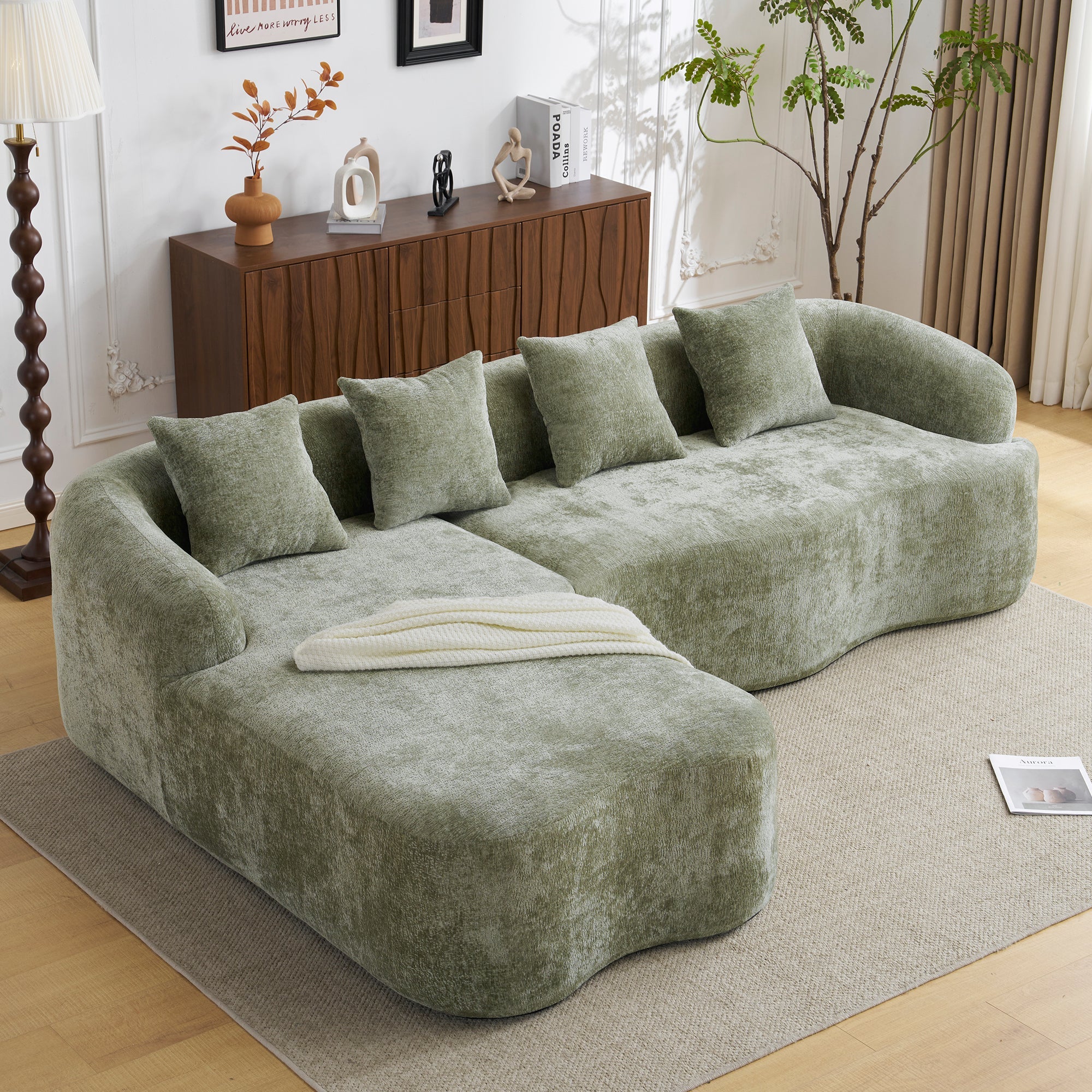Full Compression L-Shape Sectional Sofa with Curved Chaise, Green Modular Chenille Couch, High-Density for Apartment Living Room