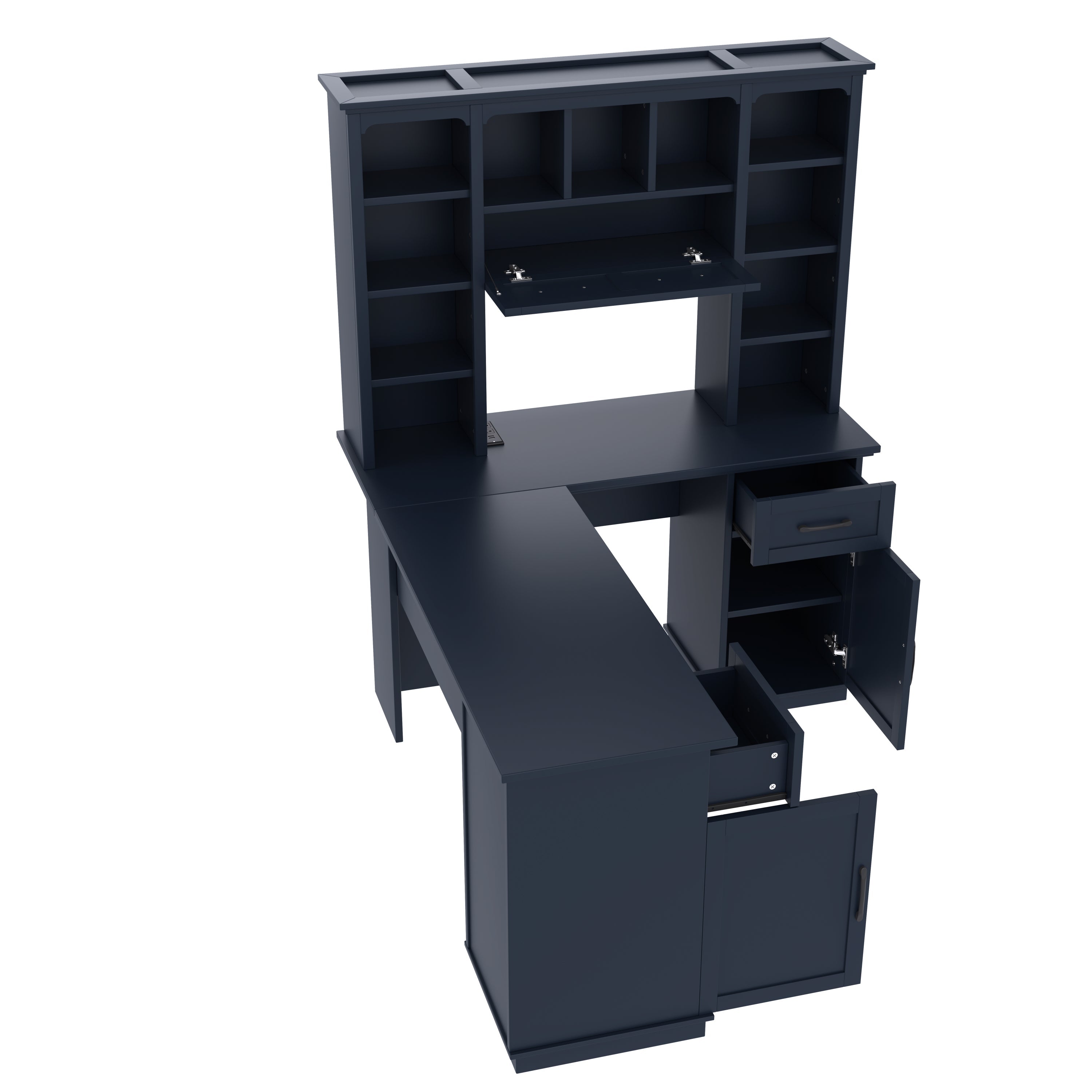 L-Shaped Computer Desk with 2 Cabinets and 2 Drawers, 11 Open Shelves, with Power Outlet, for Study, Living Room and Office, Antique Blue