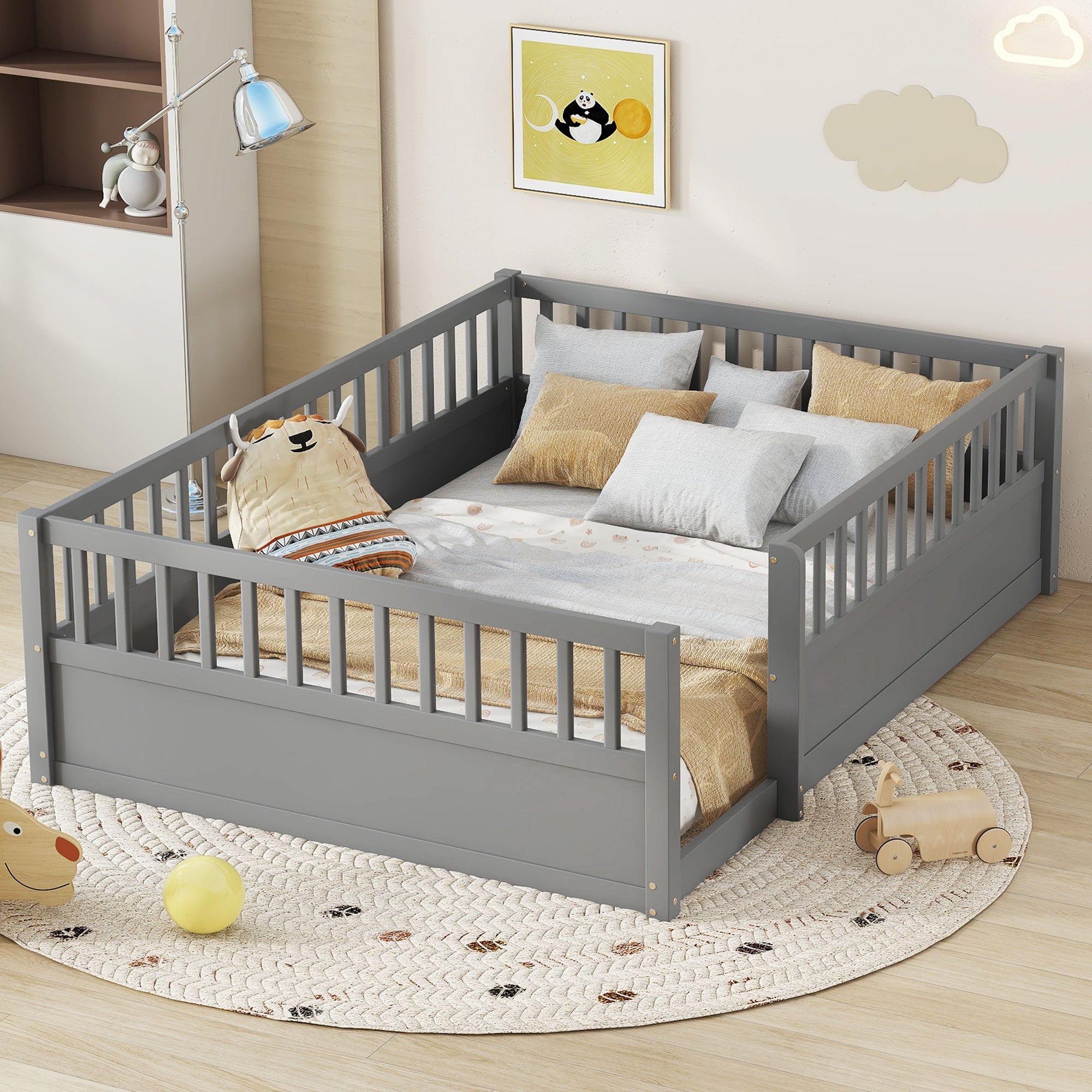 Full Floor Bed Frame with Fence, Montessori wooden children's floor bed,Wood Kids Floor Beds Frame for Bedroom Playroom,Gray