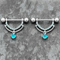 14G 9/16 Blue CZ Gem Double Curvation Dangle Nipple Ring Set