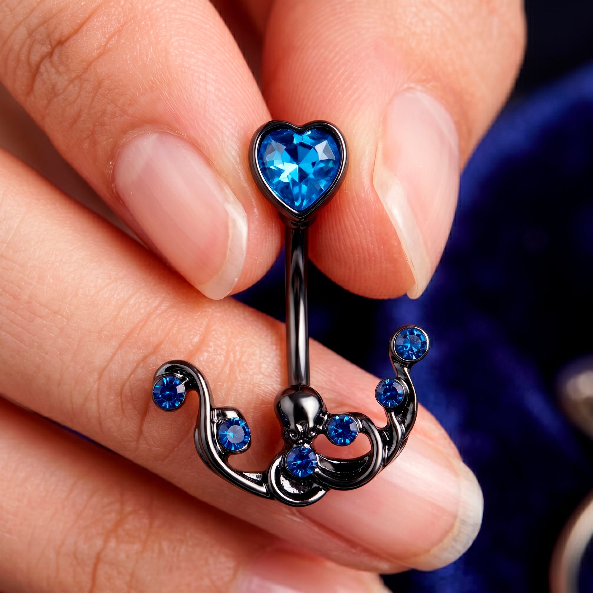Blue Gem Black Heart Scrolling Elegance Double Mount Belly Ring