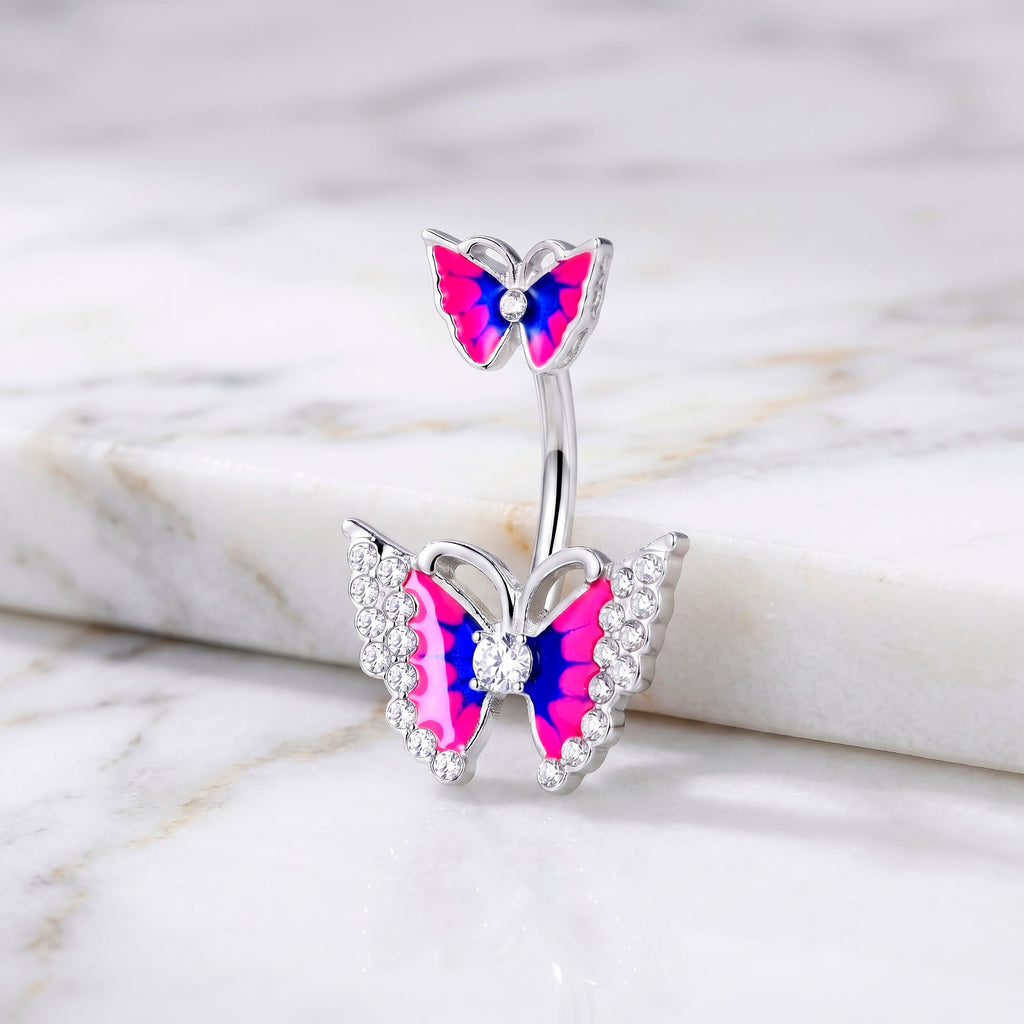 Clear Gem Butterfly Pink Blue Double Mount Belly Ring