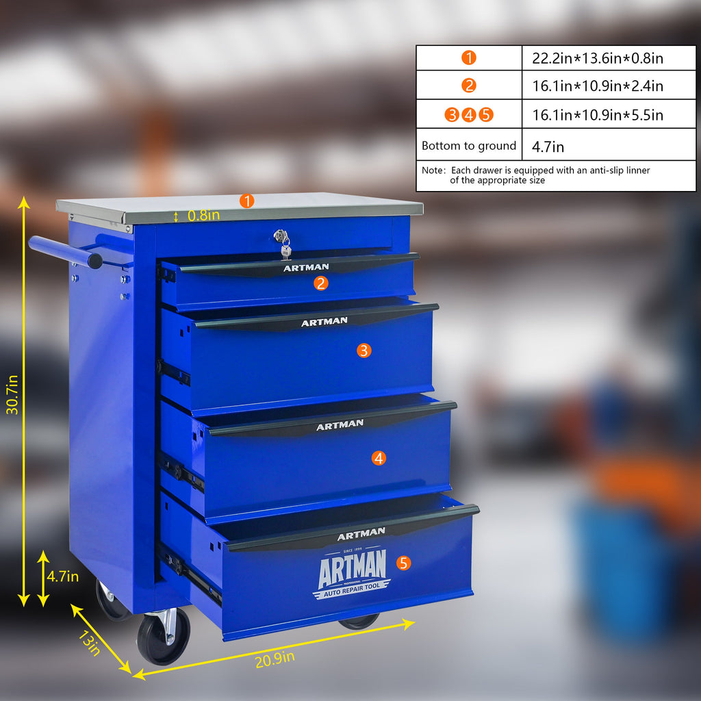 4 Drawers Multifunctional Tool Cart with Wheels,Metal Rolling Tool Cart Storage for Garage Workshop Warehouse Repair Shop--With  Stainless Steel Roof- BLACK&BLUE