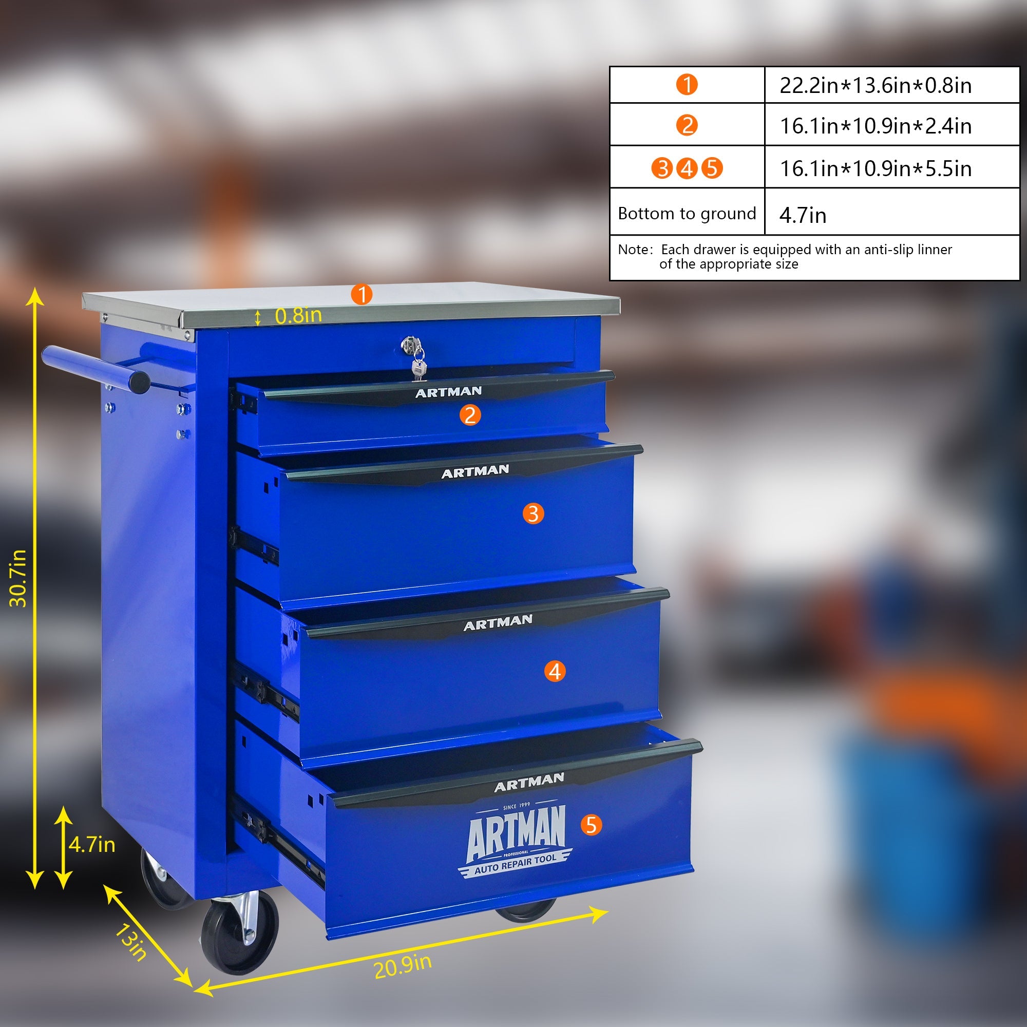 4 Drawers Multifunctional Tool Cart with Wheels,Metal Rolling Tool Cart Storage for Garage Workshop Warehouse Repair Shop--With  Stainless Steel Roof- BLACK&BLUE