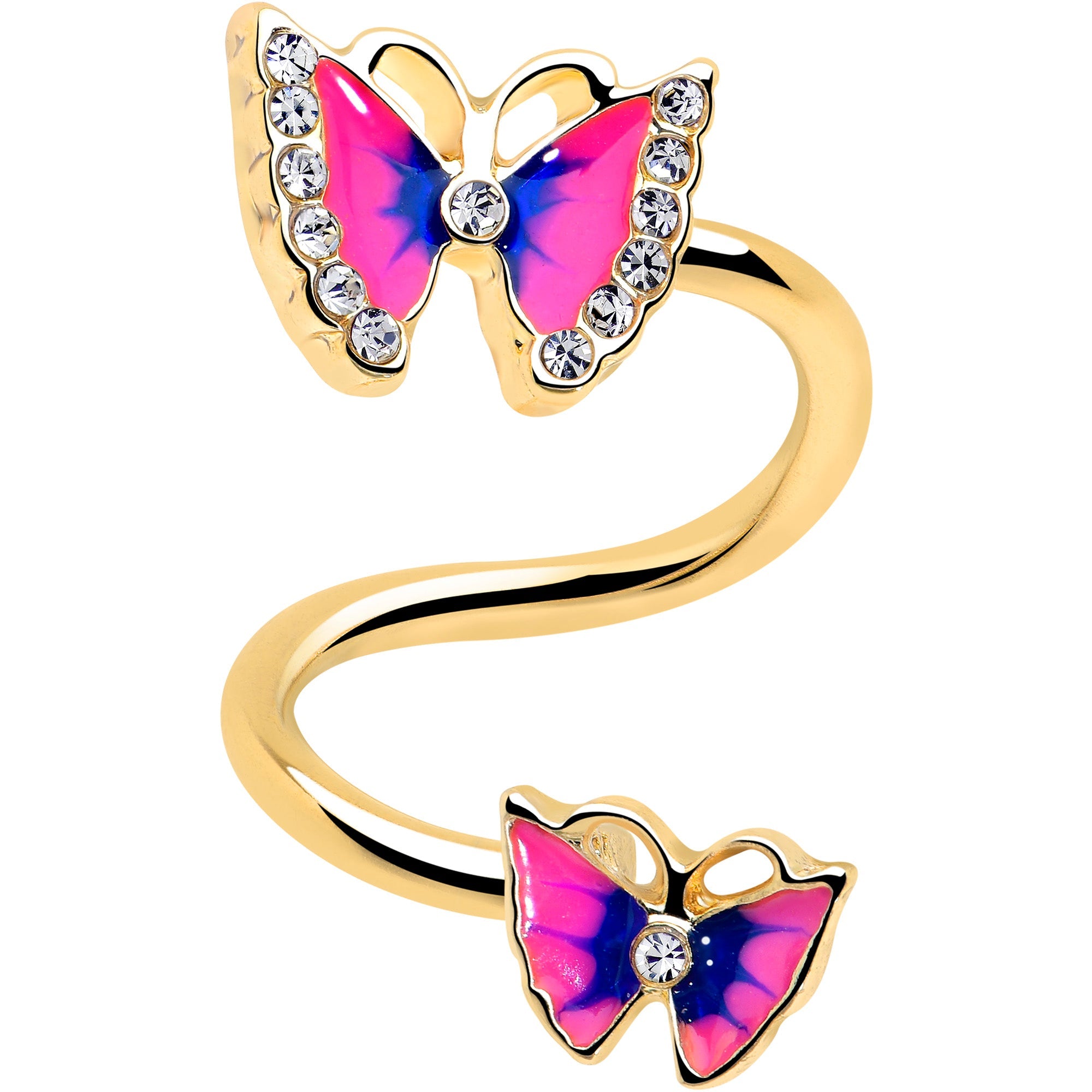 Clear Gem Gold Tone Butterfly Pink Blue Spiral Twister Belly Ring