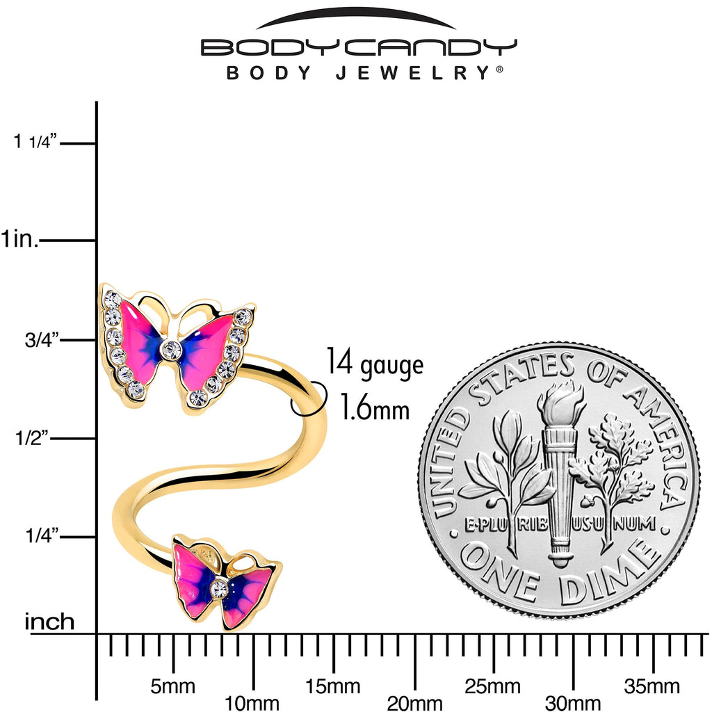 Clear Gem Gold Tone Butterfly Pink Blue Spiral Twister Belly Ring