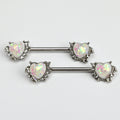 14G 9/16 White Faux Opal Sun Heart Barbell Nipple Ring Set