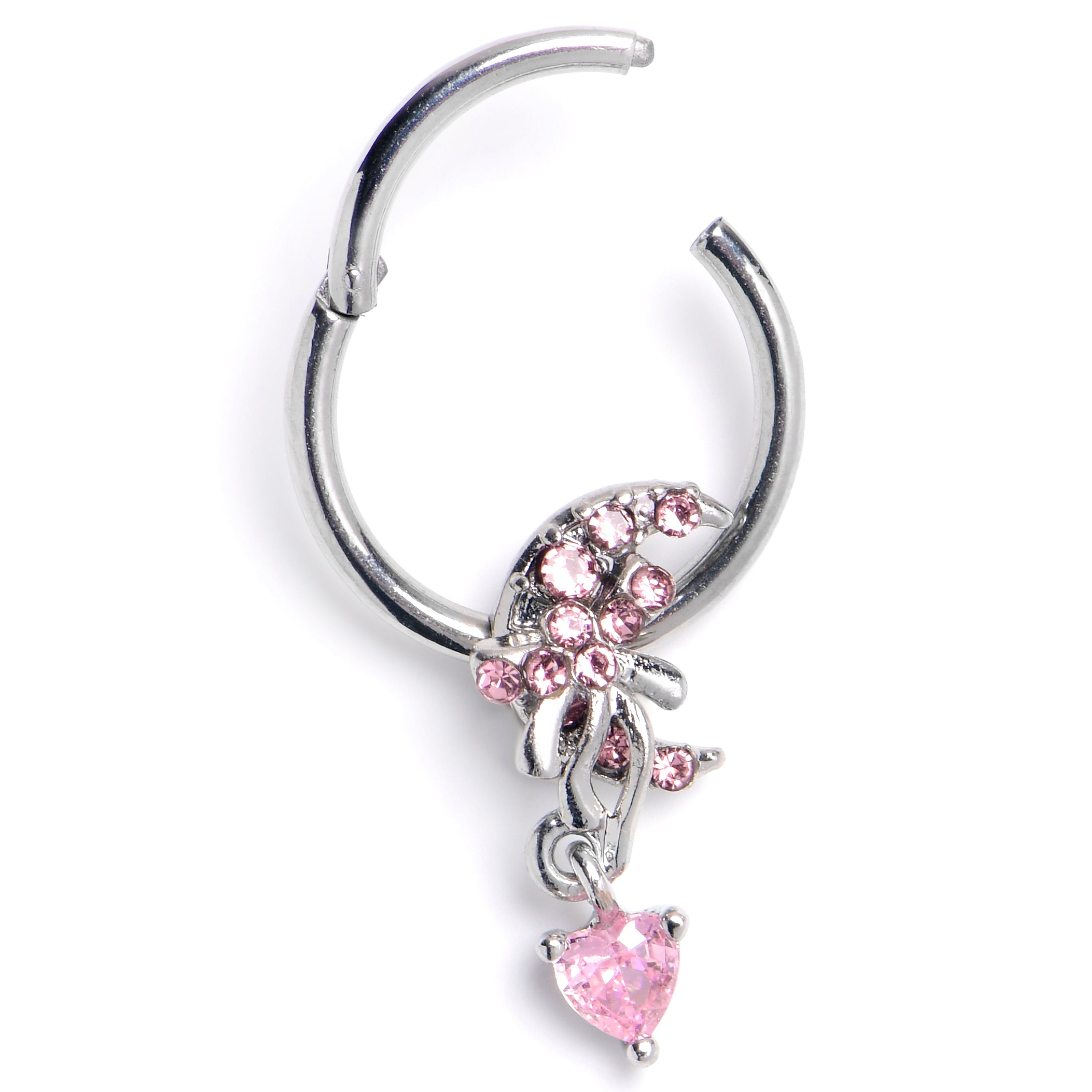 16G Pink CZ Gem Moon Bow Heart Dangle Hinged Segment Ring