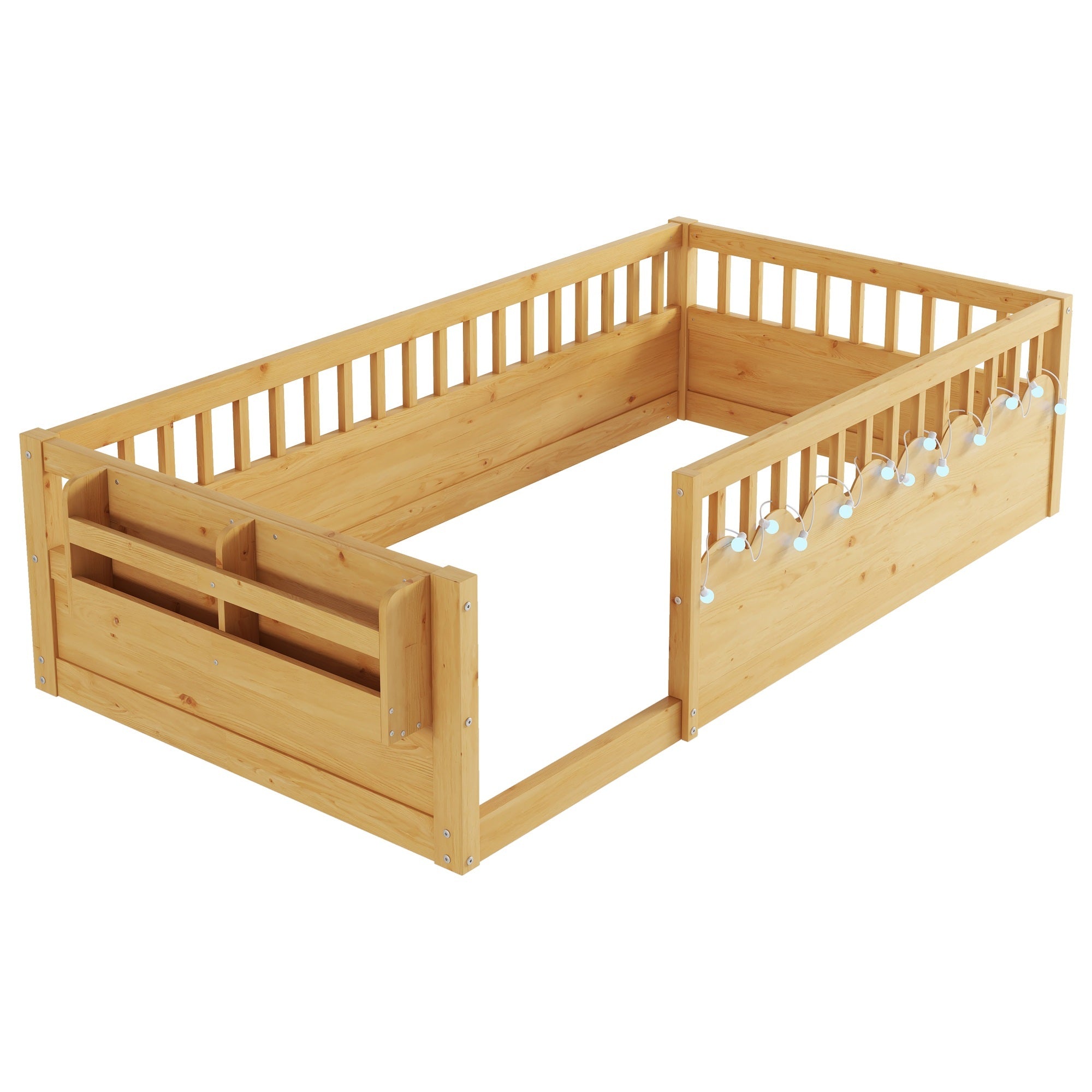 Twin Montessori Floor Bed Frame with High Rails, Wood Kids Floor Beds with Light and Storage Shelf, Natural (Expect Arrival Date 2025/8/15)
