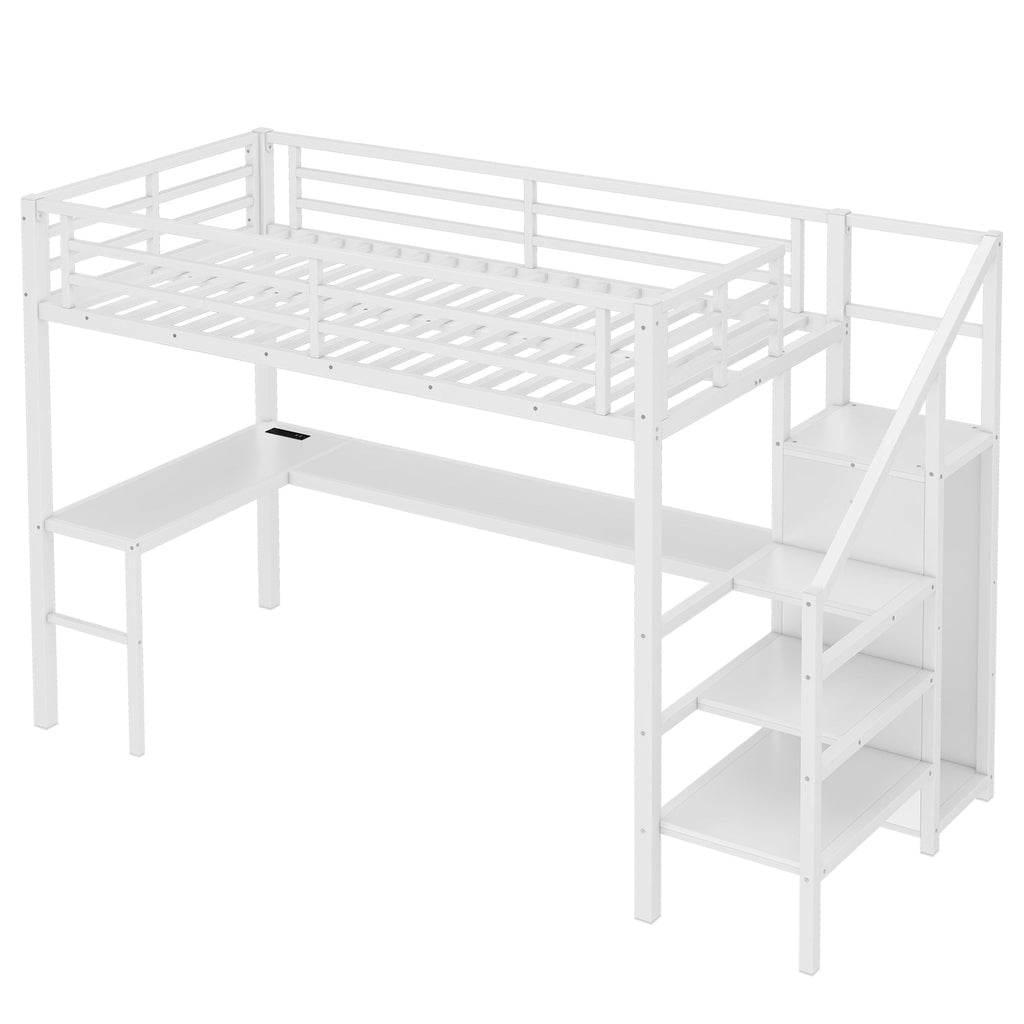 Twin XL Size Loft Bed with L-shaped Desk and USB, Metal Loft Bed with Wardrobe and Adjustable Shelf, High Loft Bed with LED for Kids Teens Adults, White