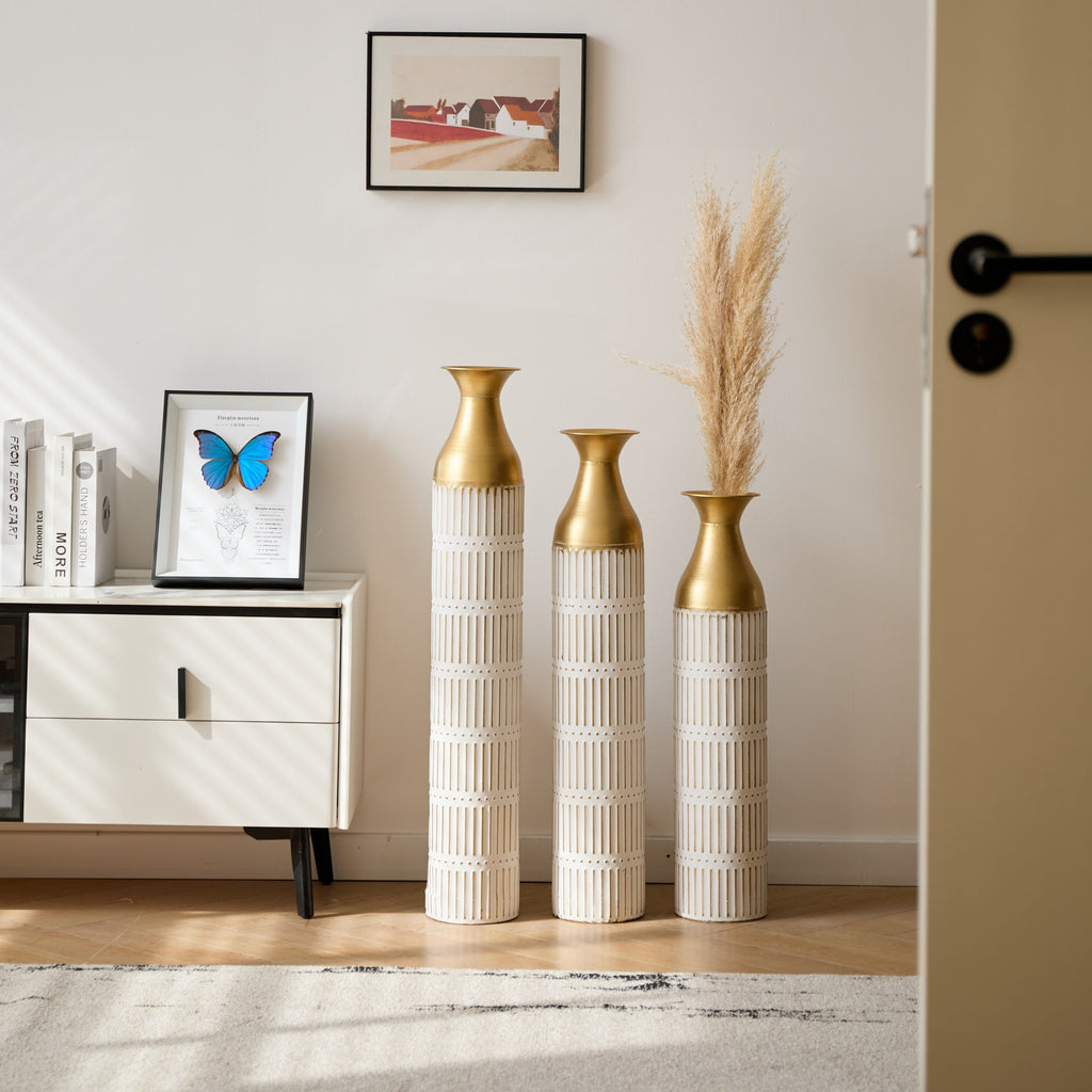 Floor Metal Vases Decorated White Metal Vases Set of 3 Gorgeous Home Decoration Large Glazed Metal Vases 24in/28.7in/33.5in Height