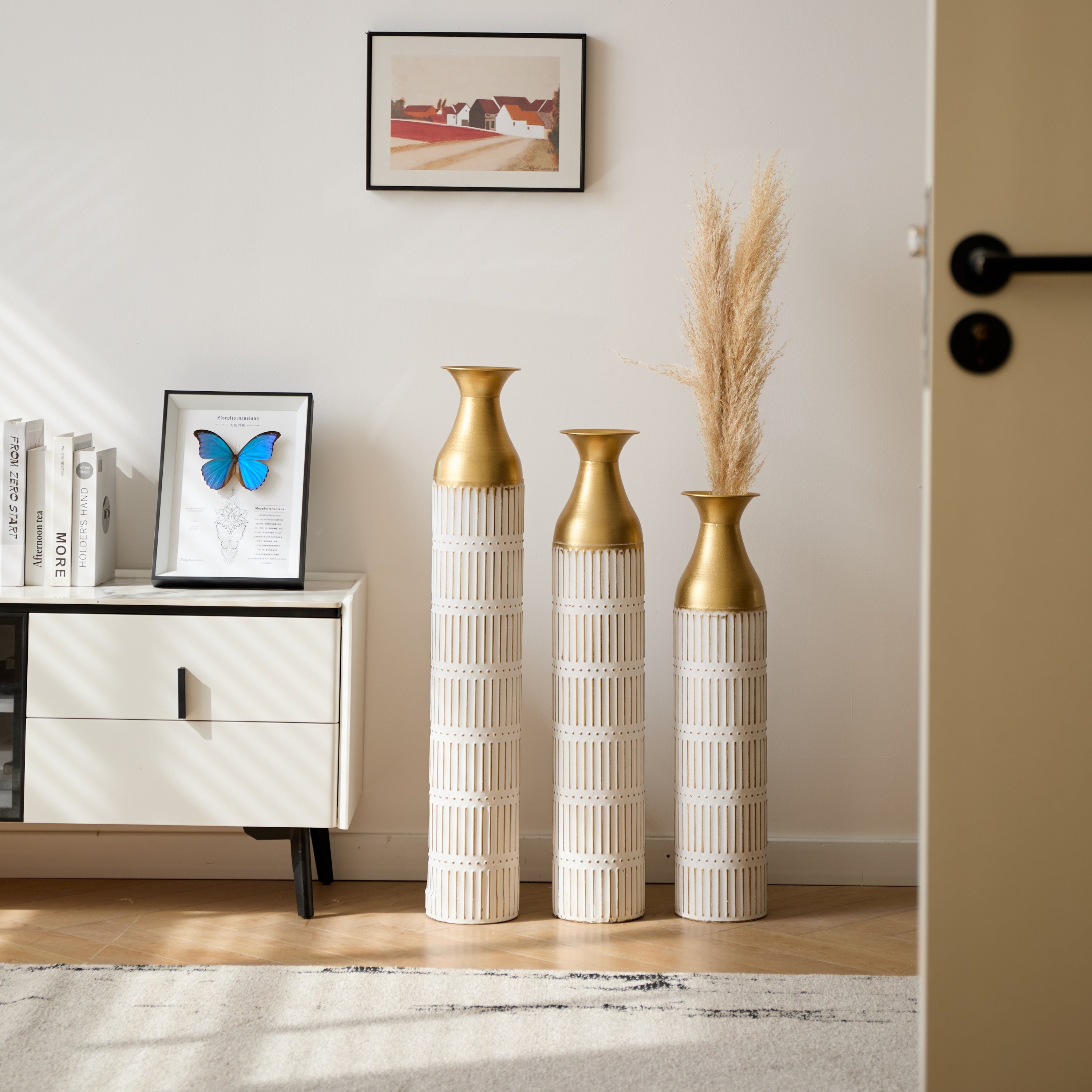 Floor Metal Vases Decorated White Metal Vases Set of 3 Gorgeous Home Decoration Large Glazed Metal Vases 24in/28.7in/33.5in Height