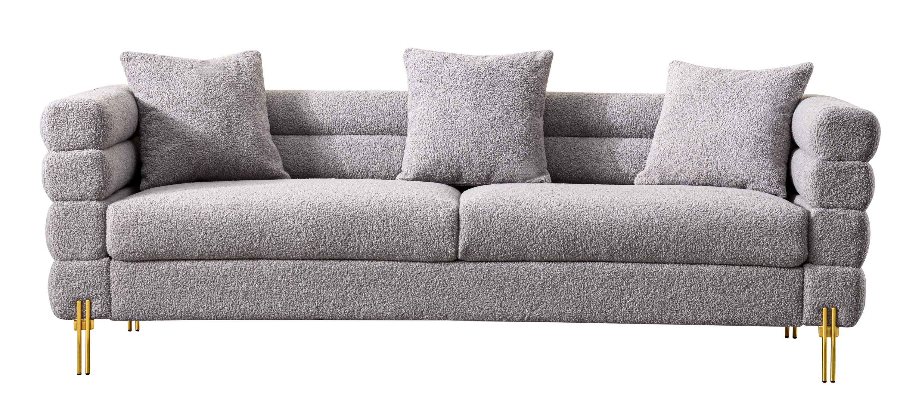 Luxurious and comfortable upholstered sofa with golden legs and pillows for living room and reception area