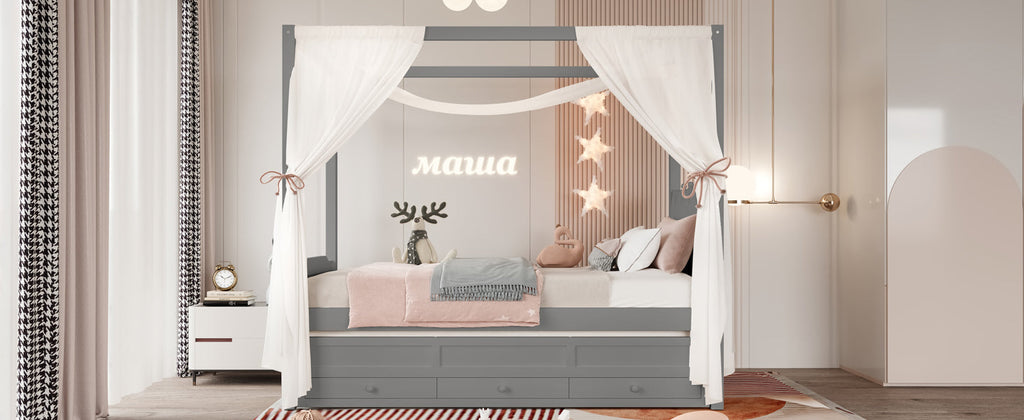 Twin Platform Bed with Upholstered Headboard,Twin Size Trundle and 3 Drawers,Princess Canopy Bed Frame for Kids,Storage & Easy Assembly,Gray