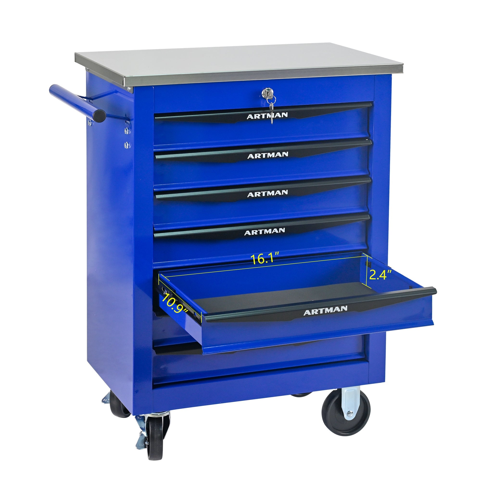 7 Drawers Multifunctional Tool Cart with Wheels,Metal Rolling Tool Cart Storage for Garage Workshop Warehouse Repair Shop--With Stainless Steel Roof- BLACK&BLUE