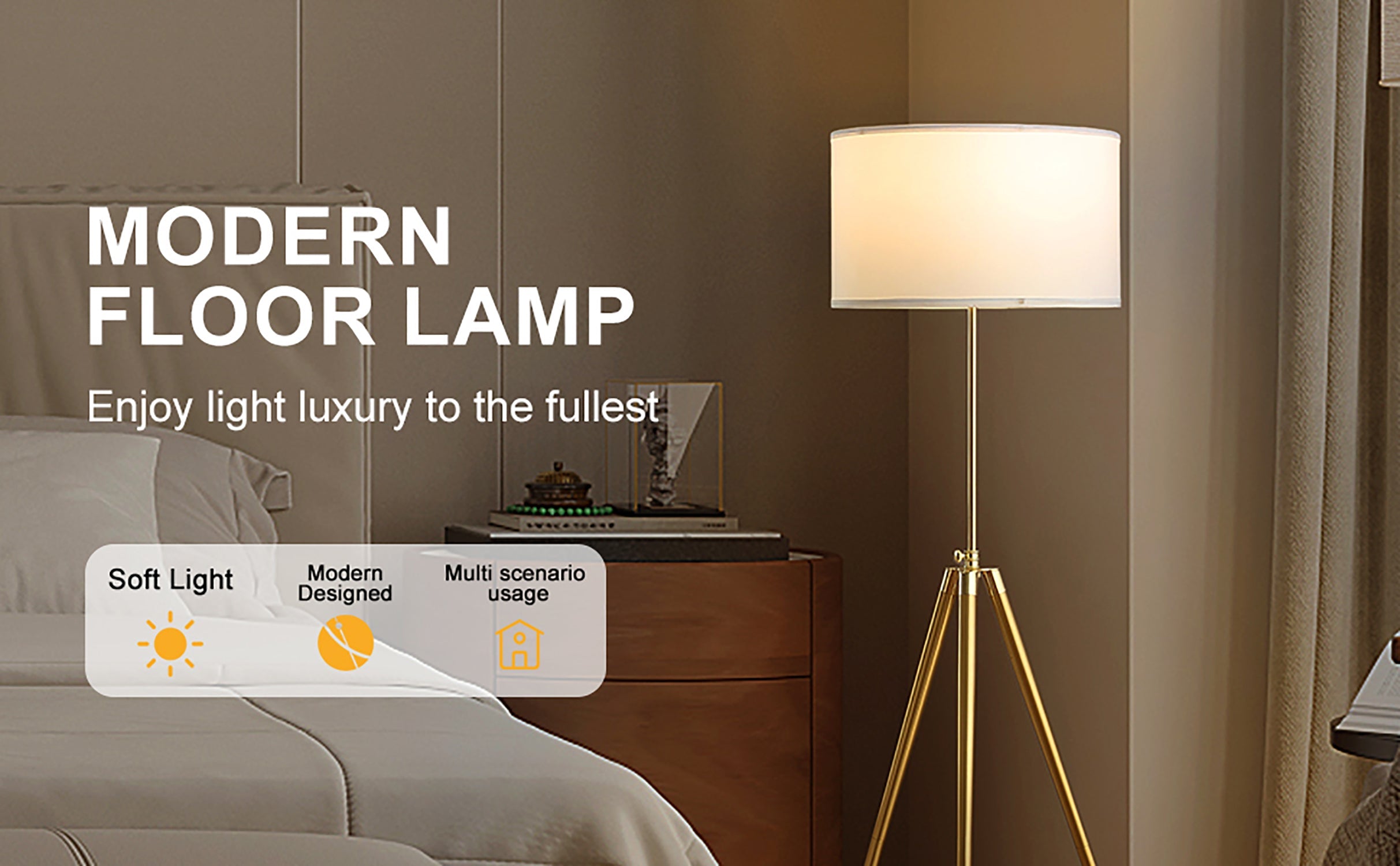 64' - 47'H Adjustable Height Brass/Shiny Gold Modern Tripod Floor Lamp for Living Room, Standing Lamp for Bedroom