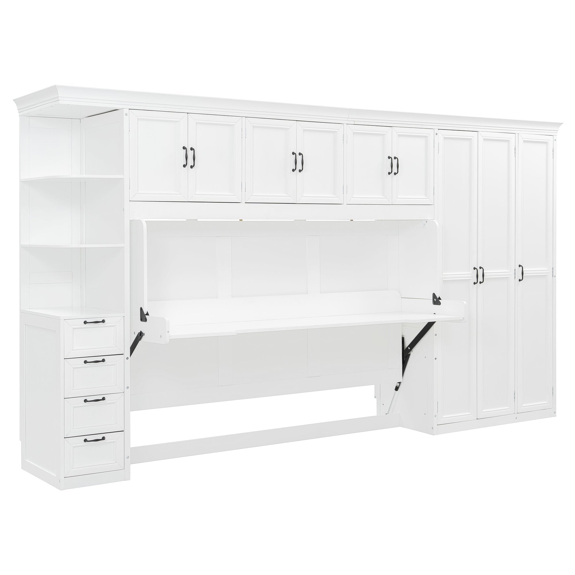 Twin Size Murphy Bed Wall Bed with Wardrobe, Cabinet and Desk, White