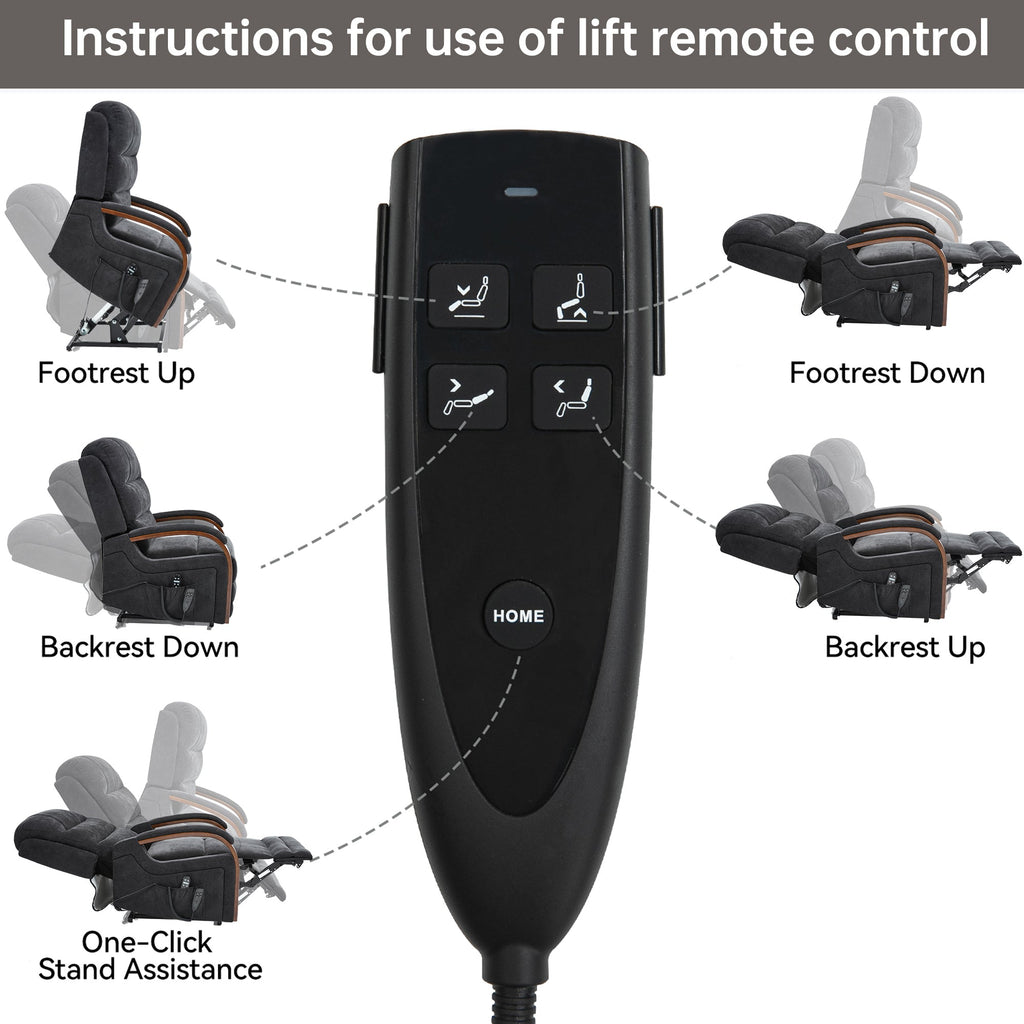Power Black Chenille Lift Recliner Chair Dual Motor Infinite Position Up to 350 LBS with Solid Wood Armrests, Heat Massage and Heavy Duty Motion Mechanism