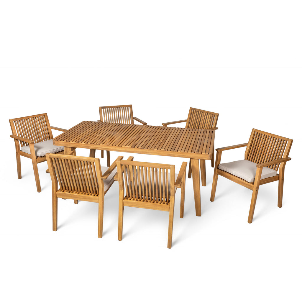 Durable 7 - Piece Patio Furniture Set Acacia Wood Table and 6 Heavy-Duty Cushioned Chairs, Natural