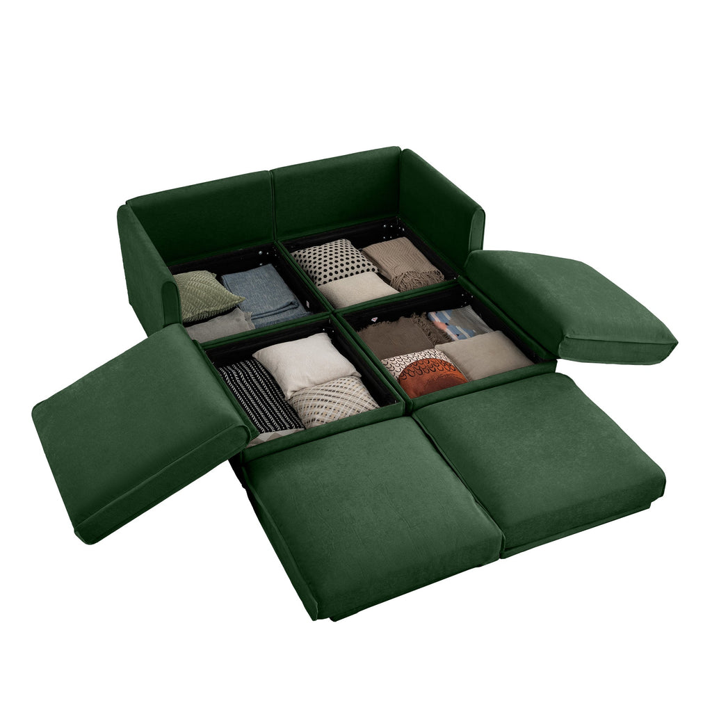 Stylish Green Chenille 2-Seater Sofa with 2 Ottoman Storage Seat, Cylindrical Backrest and Armrests, Modern Fabric Loveseat Featuring Hidden Storage Space