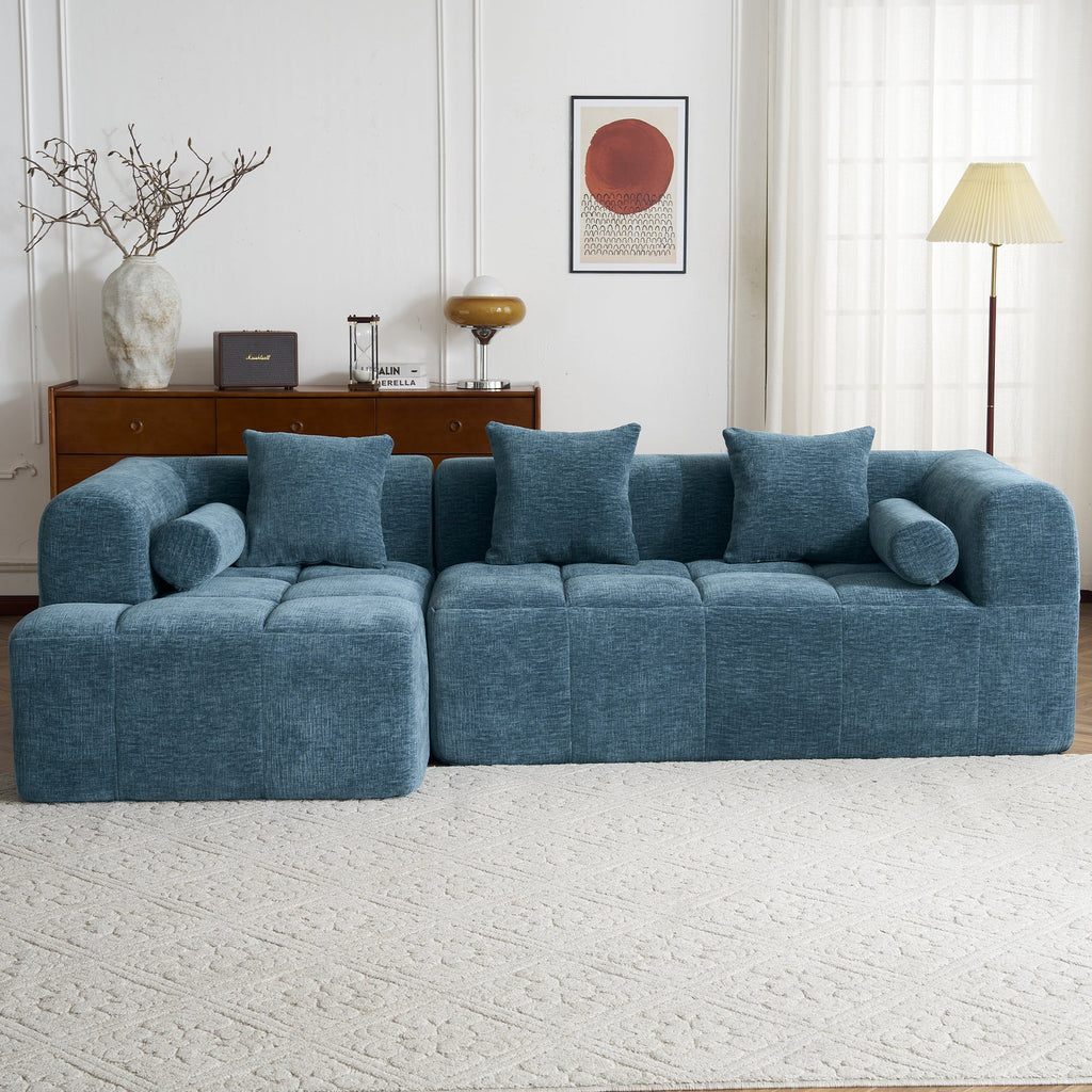 Modern Modular Sofa with Deep Seating, Two Side Pockets, and Plush Pillows in Blue Chenille Fabric, 101.2'