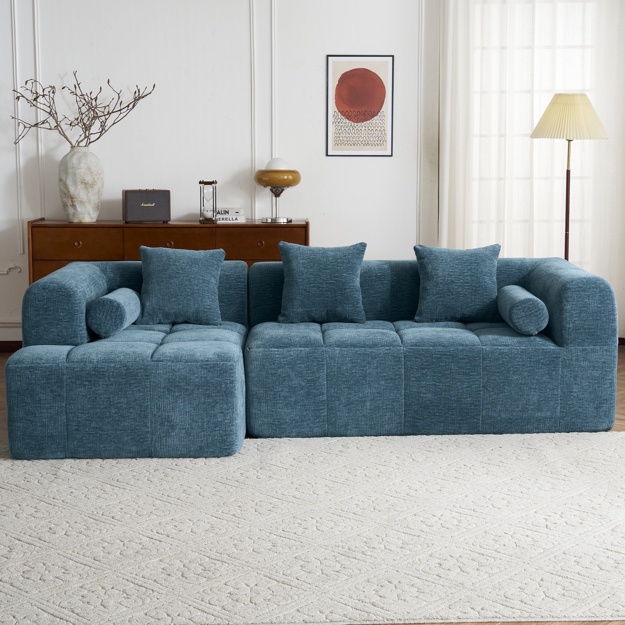 Modern Modular Sofa with Deep Seating, Two Side Pockets, and Plush Pillows in Blue Chenille Fabric, 101.2'