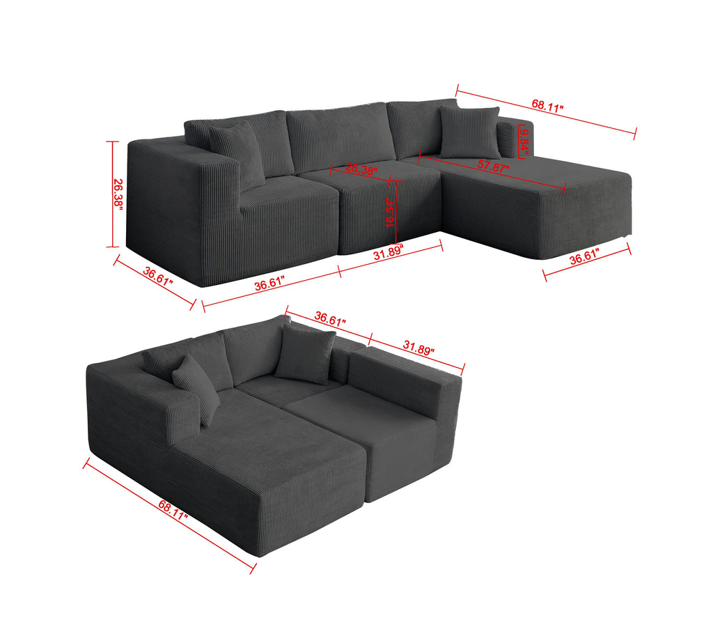 H613 Sectional Sofa and Module, Mid-Century Modern L Shaped Couches 3-Seat Sofa for Living Room Grey Right