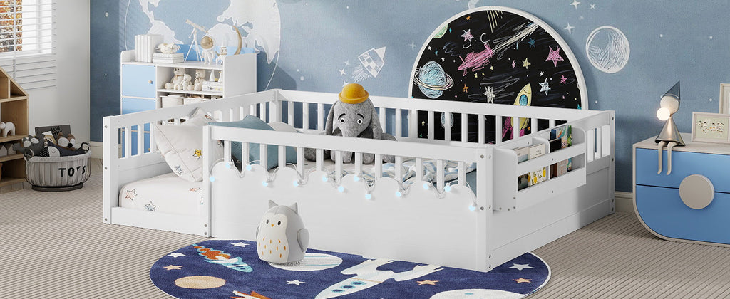 Full Montessori Floor Bed Frame with High Rails, Wood Kids Floor Beds with Light and Storage Shelf, White (Expect Arrival Date 2025/8/15)